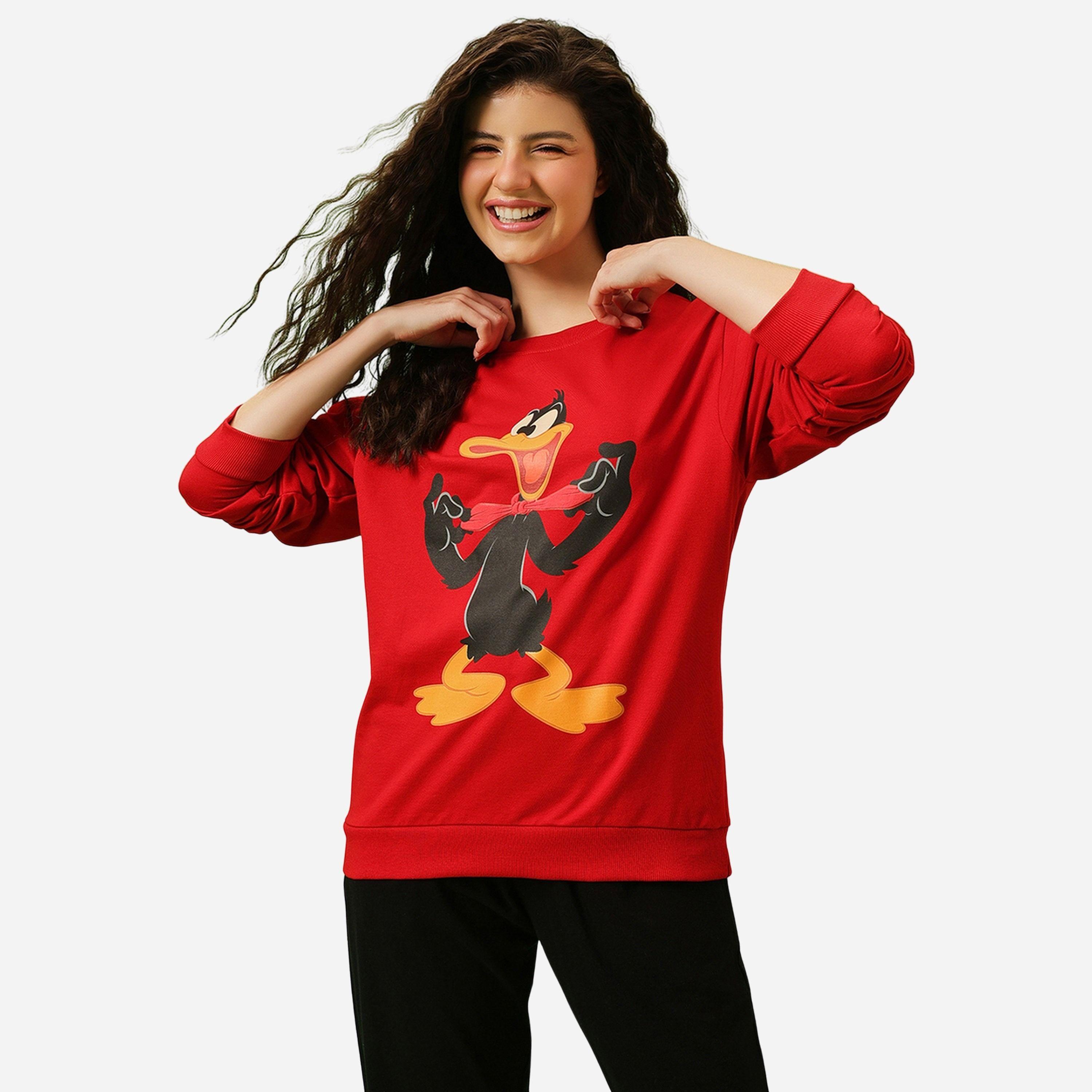 كلوفيا - سويت شيرت قطن لون أحمر طبعة دافي داك-women-clothing-hoodiesandsweatshirts-sweatshirts-image-1