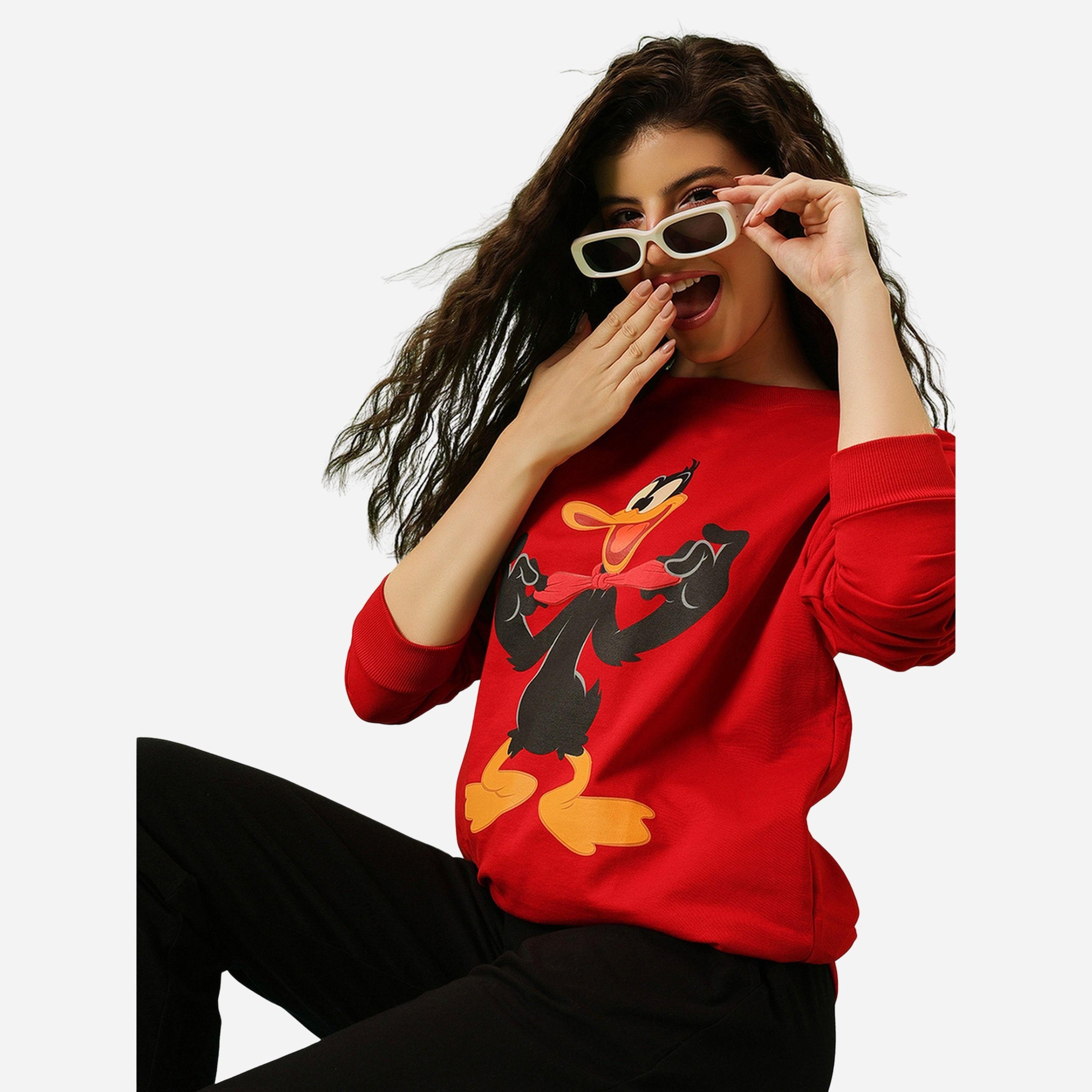 كلوفيا - سويت شيرت قطن لون أحمر طبعة دافي داك-women-clothing-hoodiesandsweatshirts-sweatshirts-image-2