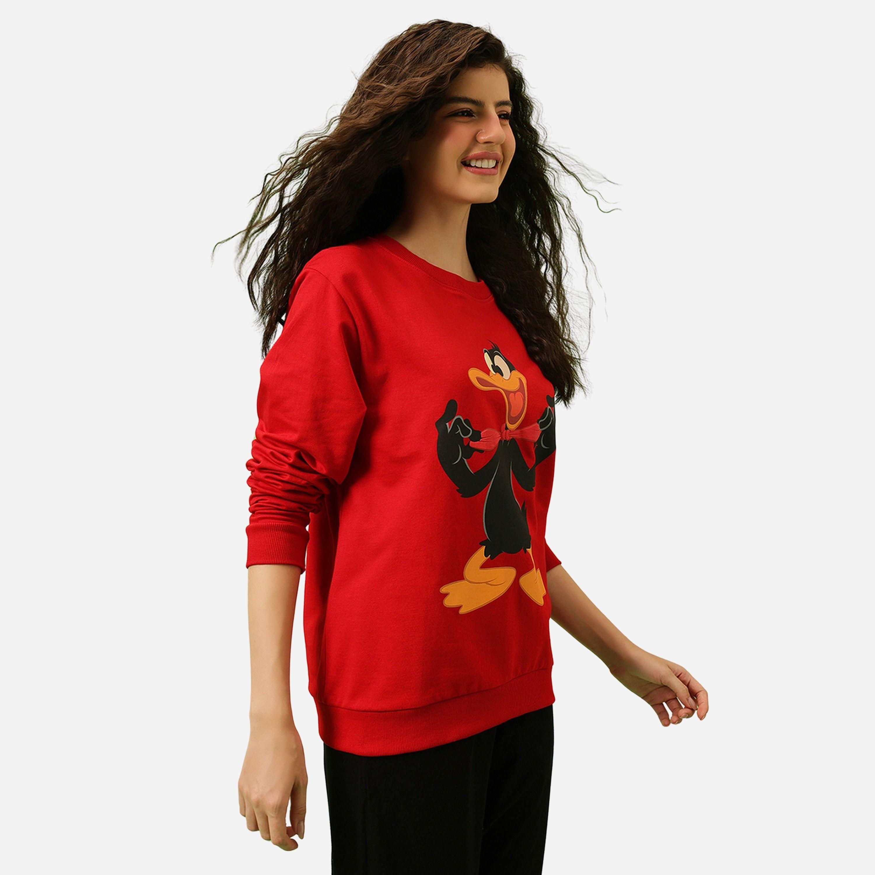 كلوفيا - سويت شيرت قطن لون أحمر طبعة دافي داك-women-clothing-hoodiesandsweatshirts-sweatshirts-image-4