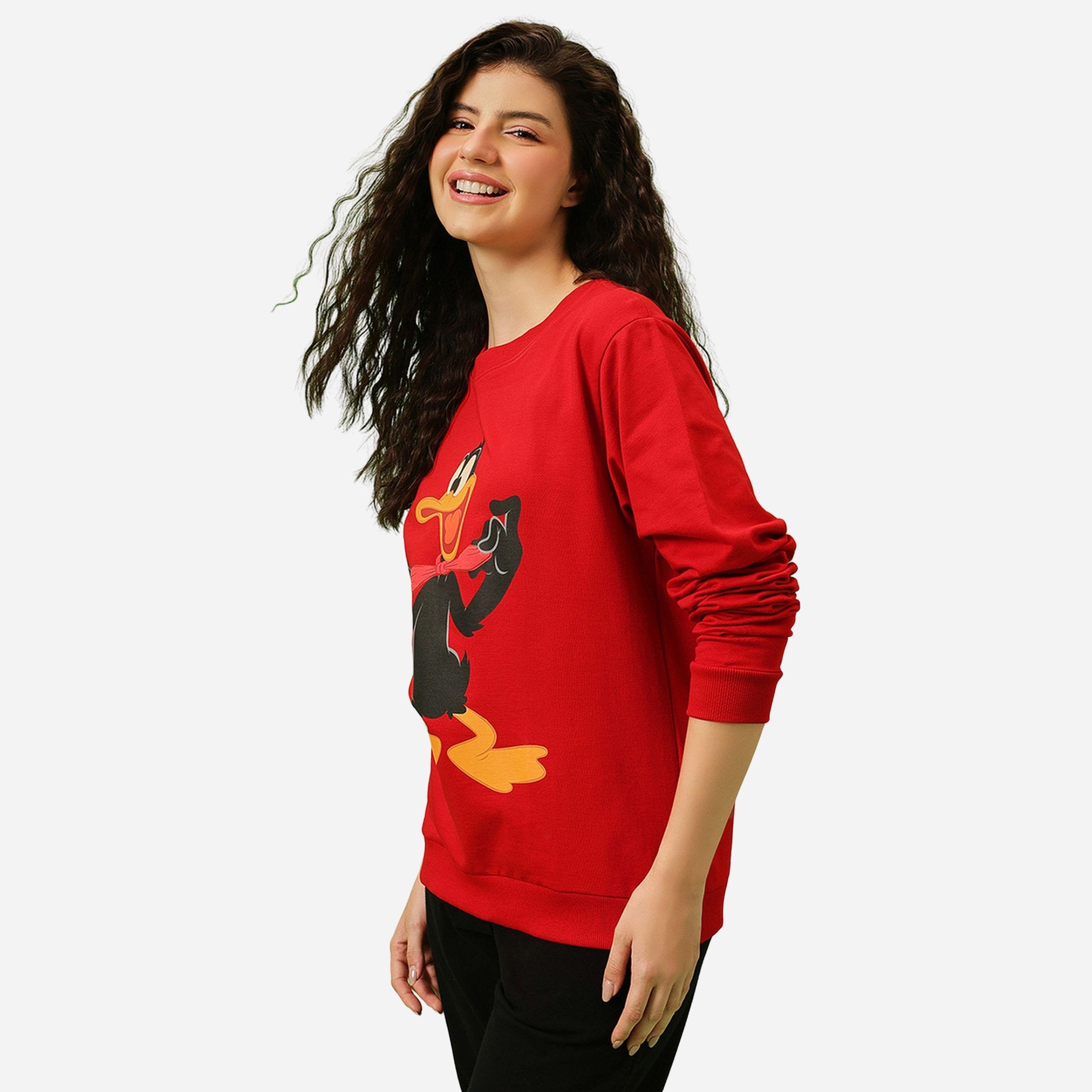 كلوفيا - سويت شيرت قطن لون أحمر طبعة دافي داك-women-clothing-hoodiesandsweatshirts-sweatshirts-image-5