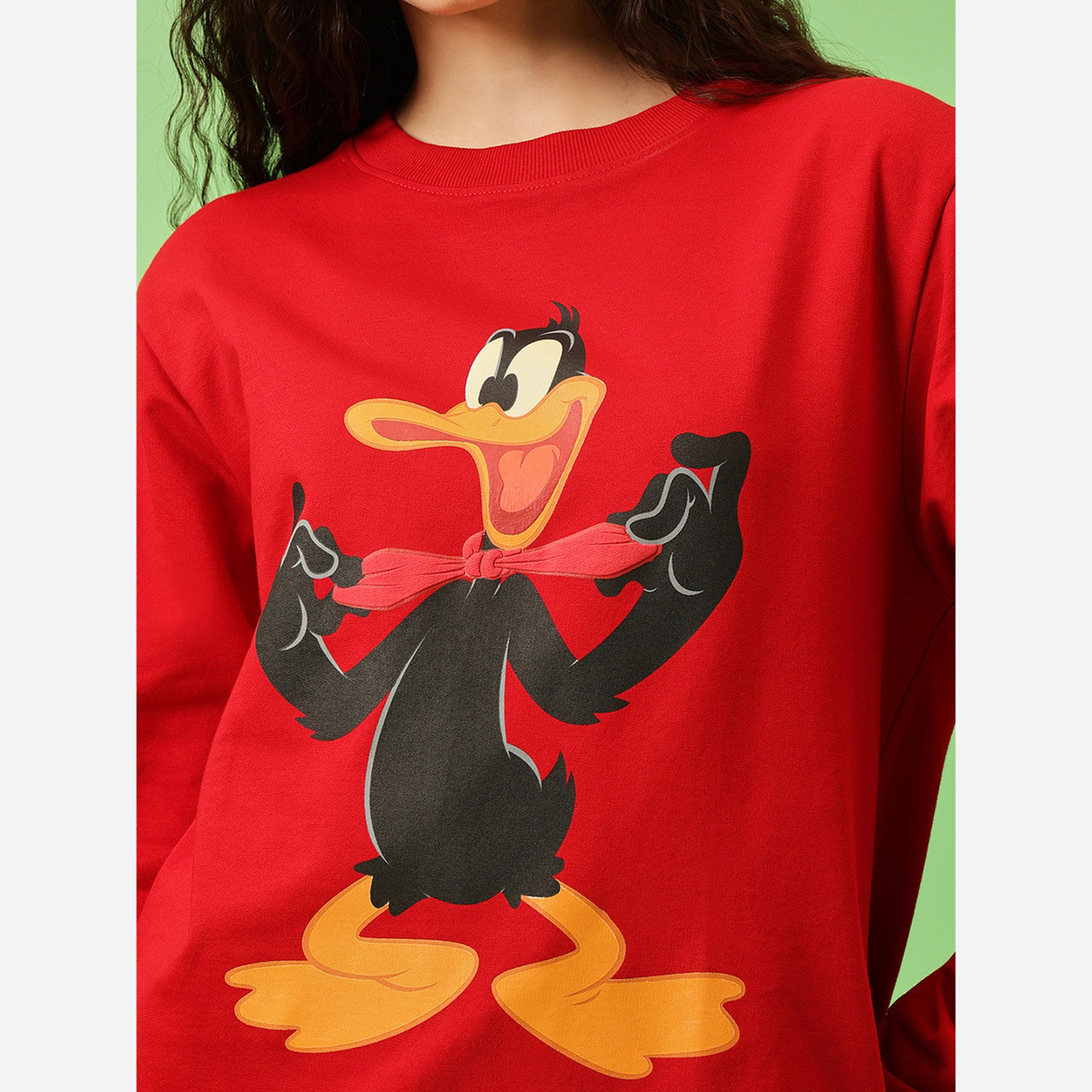 كلوفيا - سويت شيرت قطن لون أحمر طبعة دافي داك-women-clothing-hoodiesandsweatshirts-sweatshirts-image-6