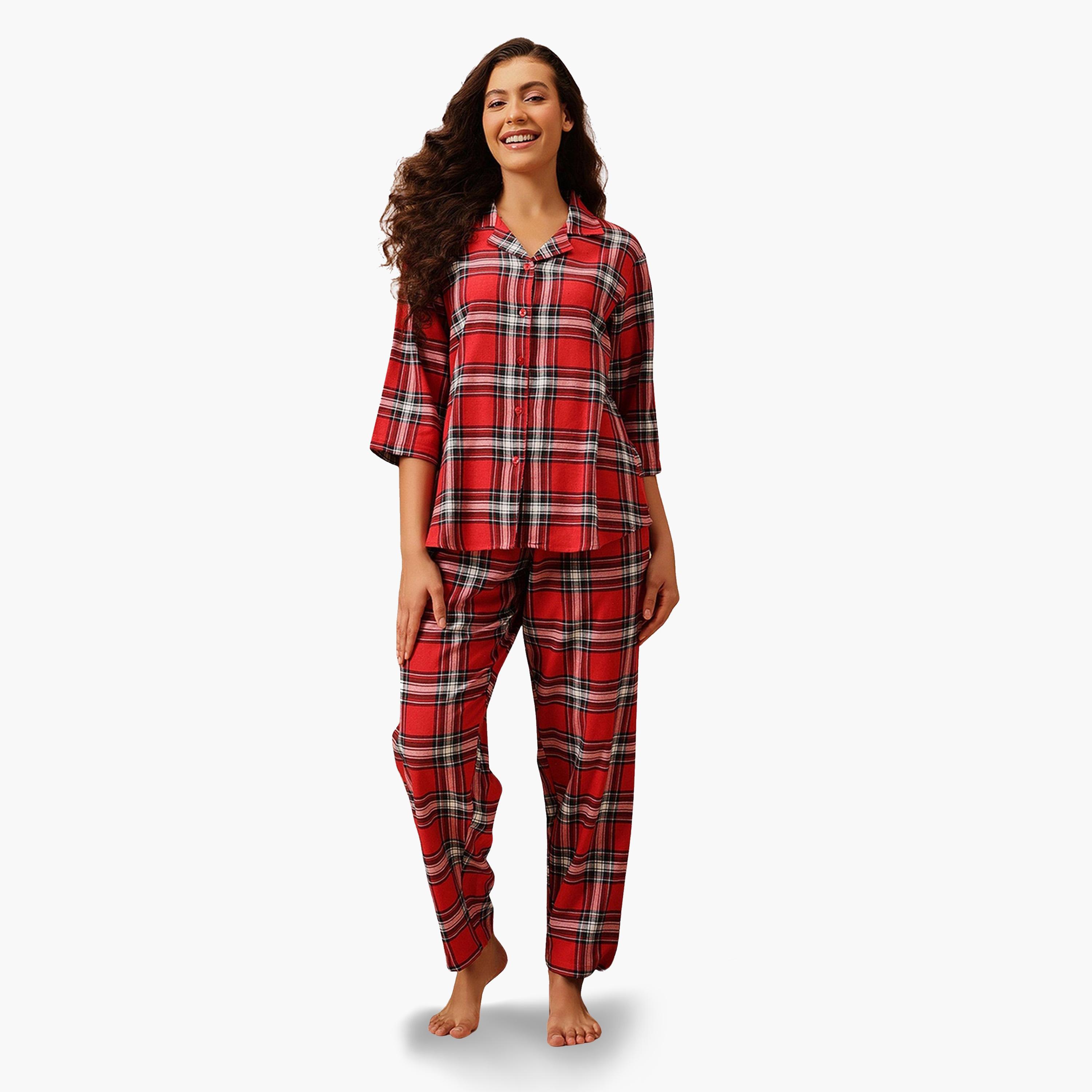 Clovia Checkered Button Down Shirt and Pyjama Set-women-clothing-nightwear-pyjamas-longsets-image-1
