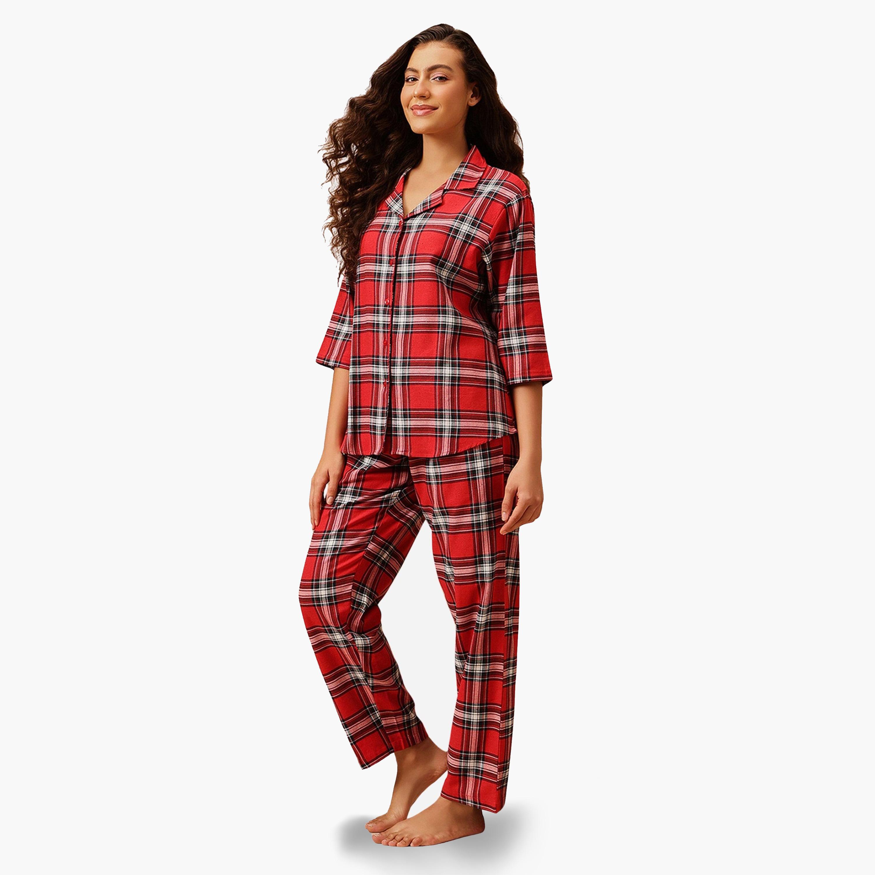 Clovia Checkered Button Down Shirt and Pyjama Set-women-clothing-nightwear-pyjamas-longsets-image-2
