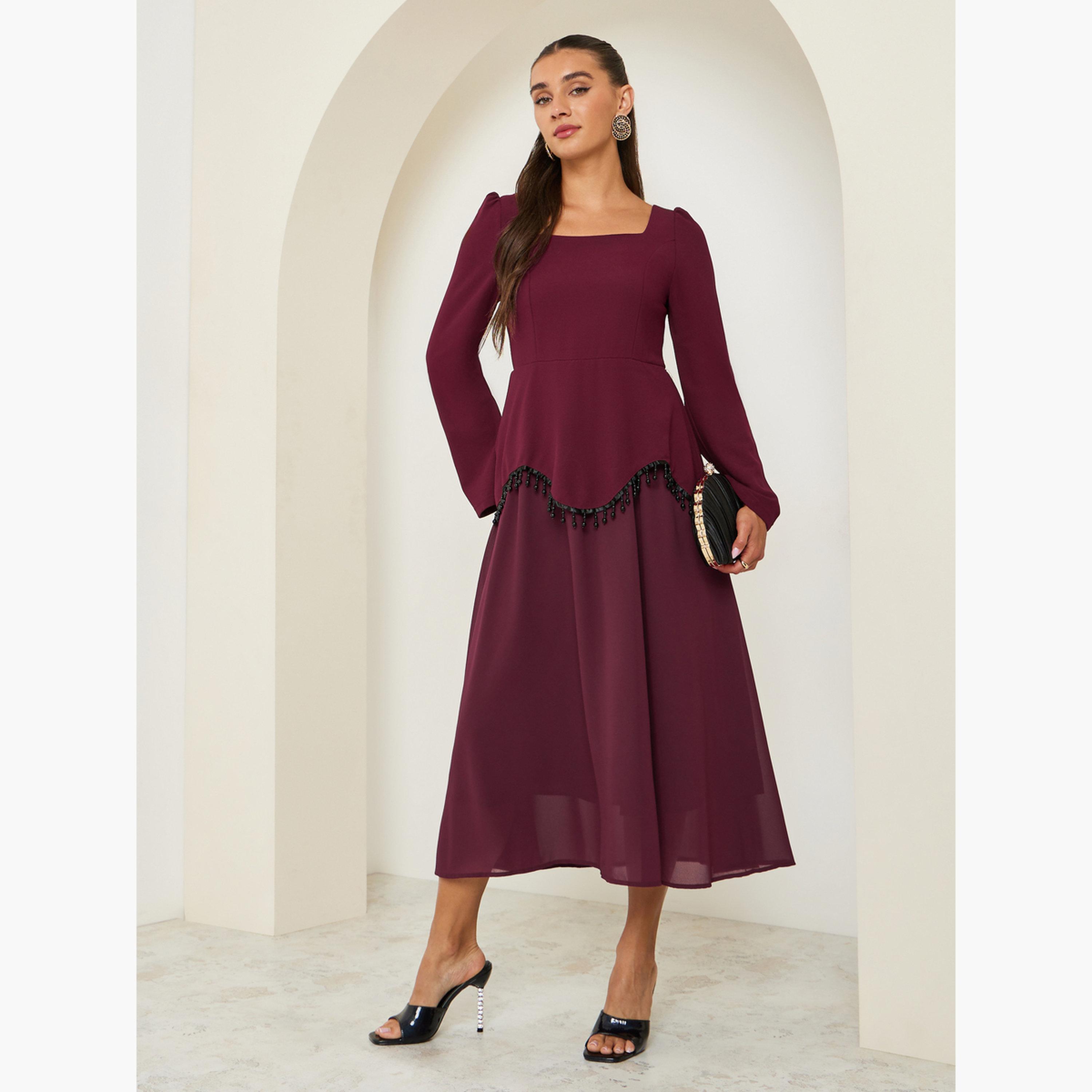 Styli Women Beaded Trim Square Neck Midi Dress-women-clothing-dresses-image-1