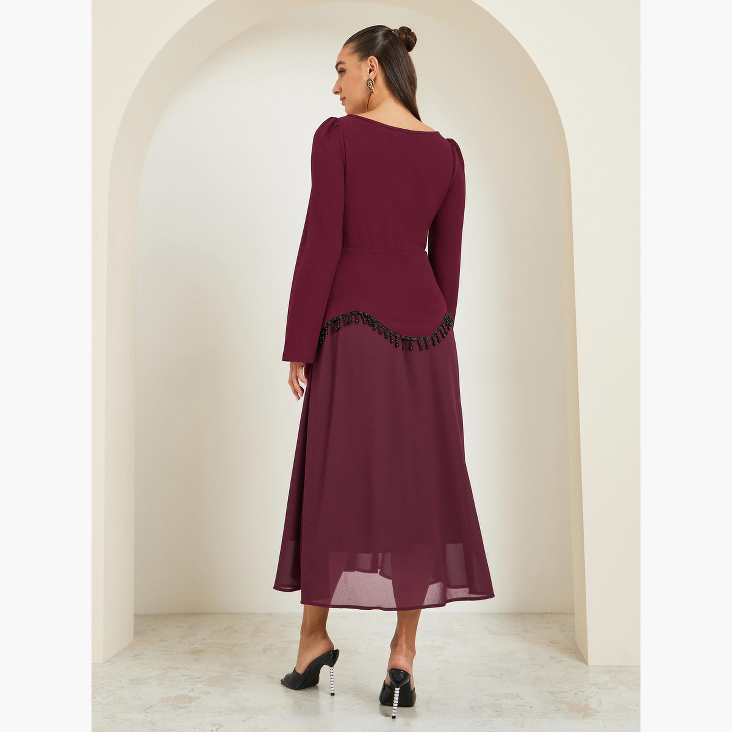 Styli Women Beaded Trim Square Neck Midi Dress-women-clothing-dresses-image-2