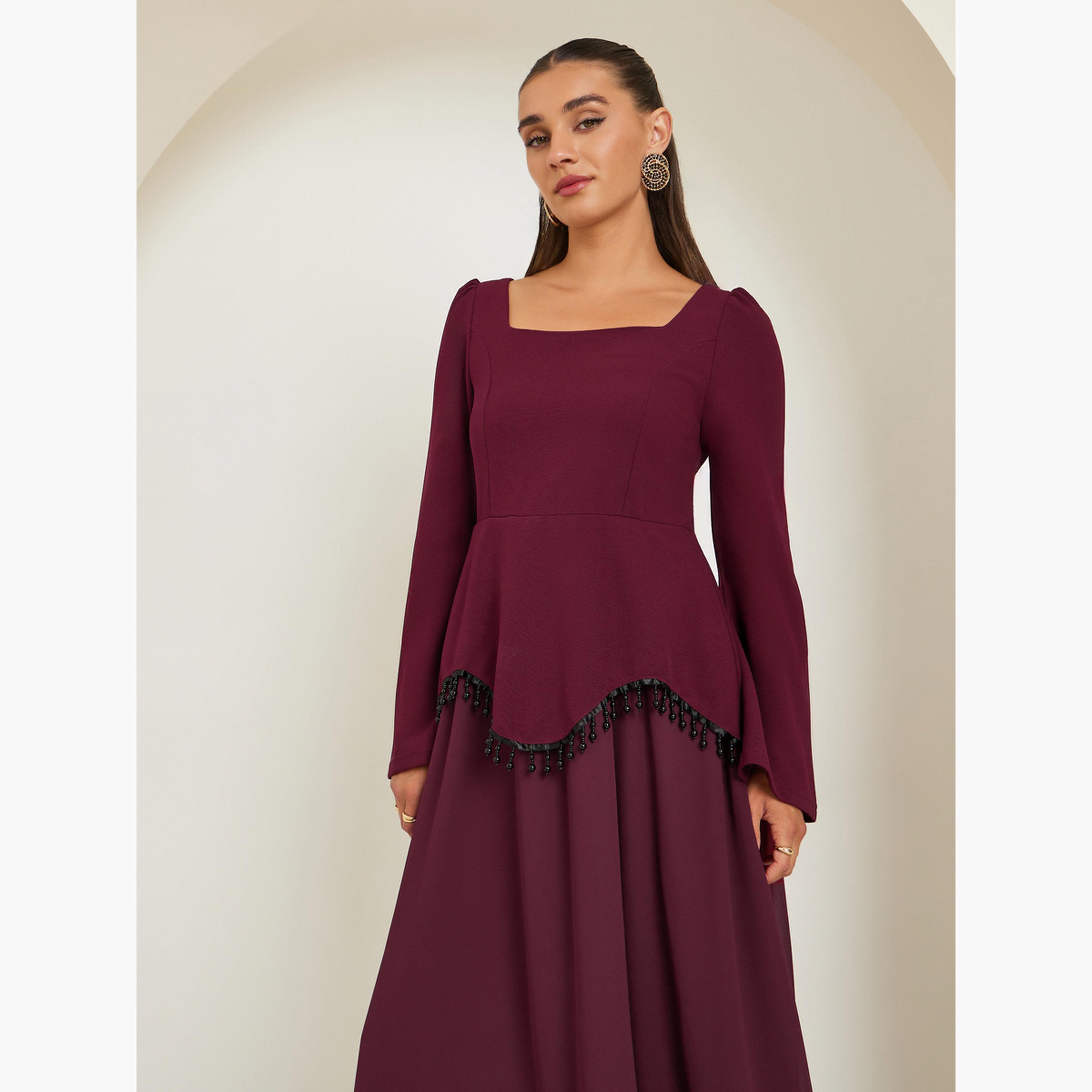 Styli Women Beaded Trim Square Neck Midi Dress-women-clothing-dresses-image-3