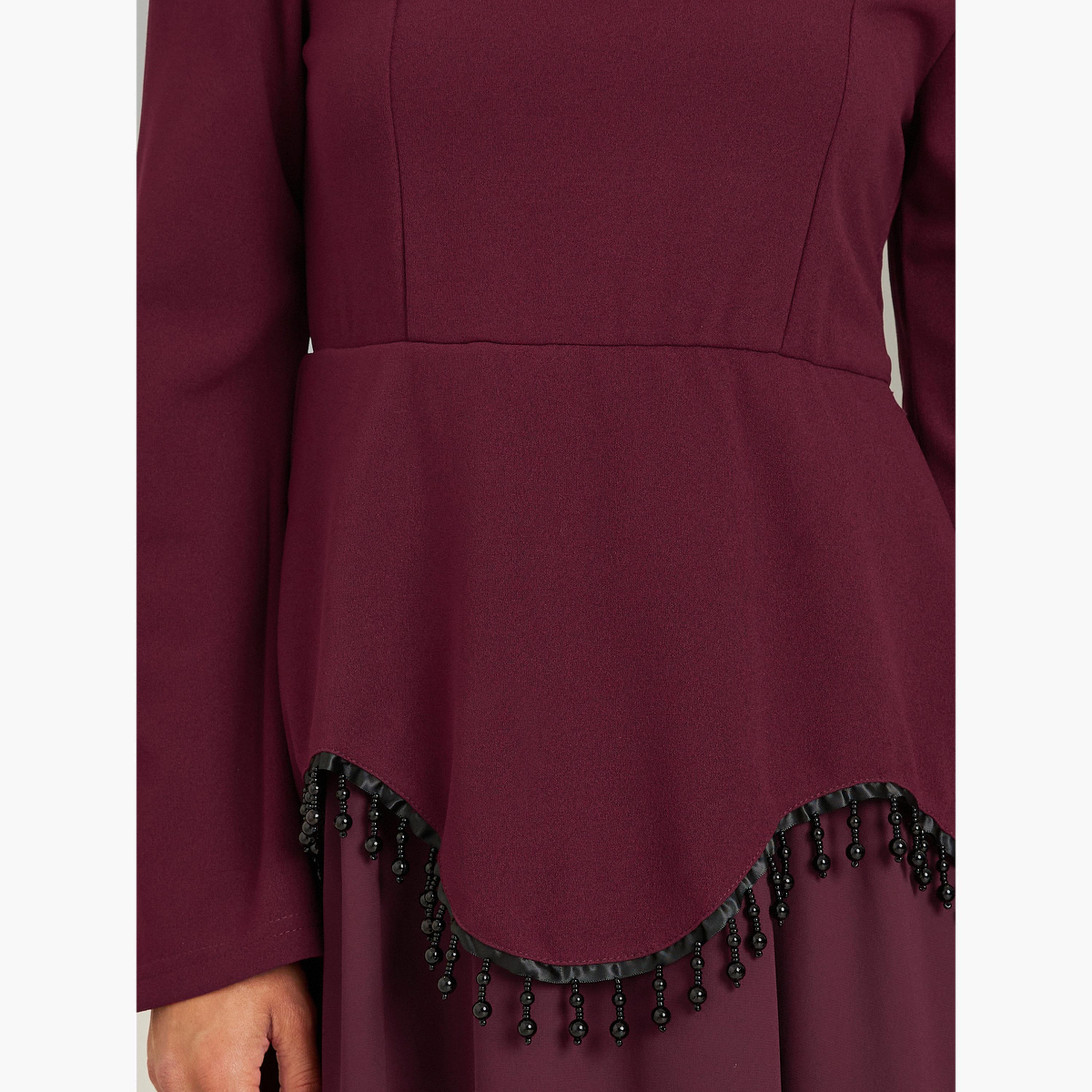 فستان ميدي بياقة مربعة وتفاصيل مطرزة بالخرز-women-clothing-dresses-image-4