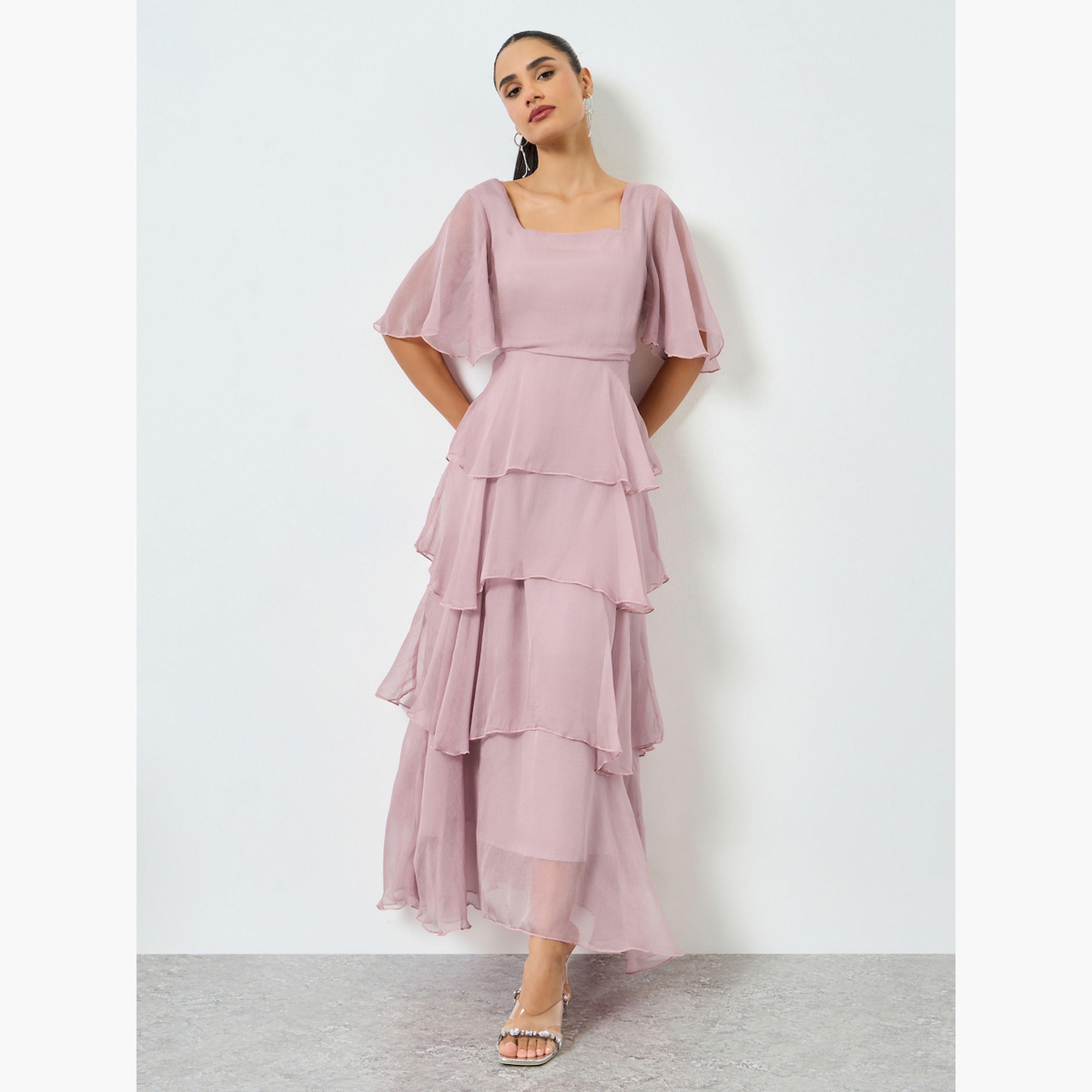 فستان طويل بتفاصيل طبقات مع أكمام قصيرة-women-clothing-dresses-image-1