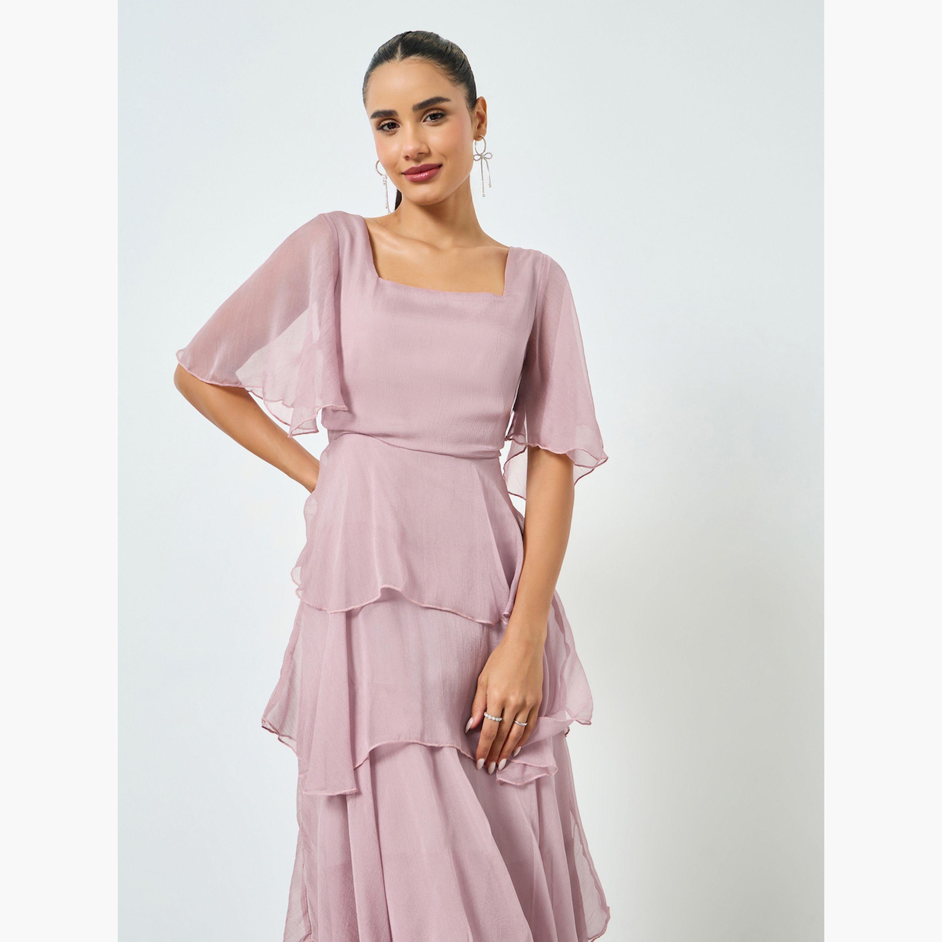 فستان طويل بتفاصيل طبقات مع أكمام قصيرة-women-clothing-dresses-image-2