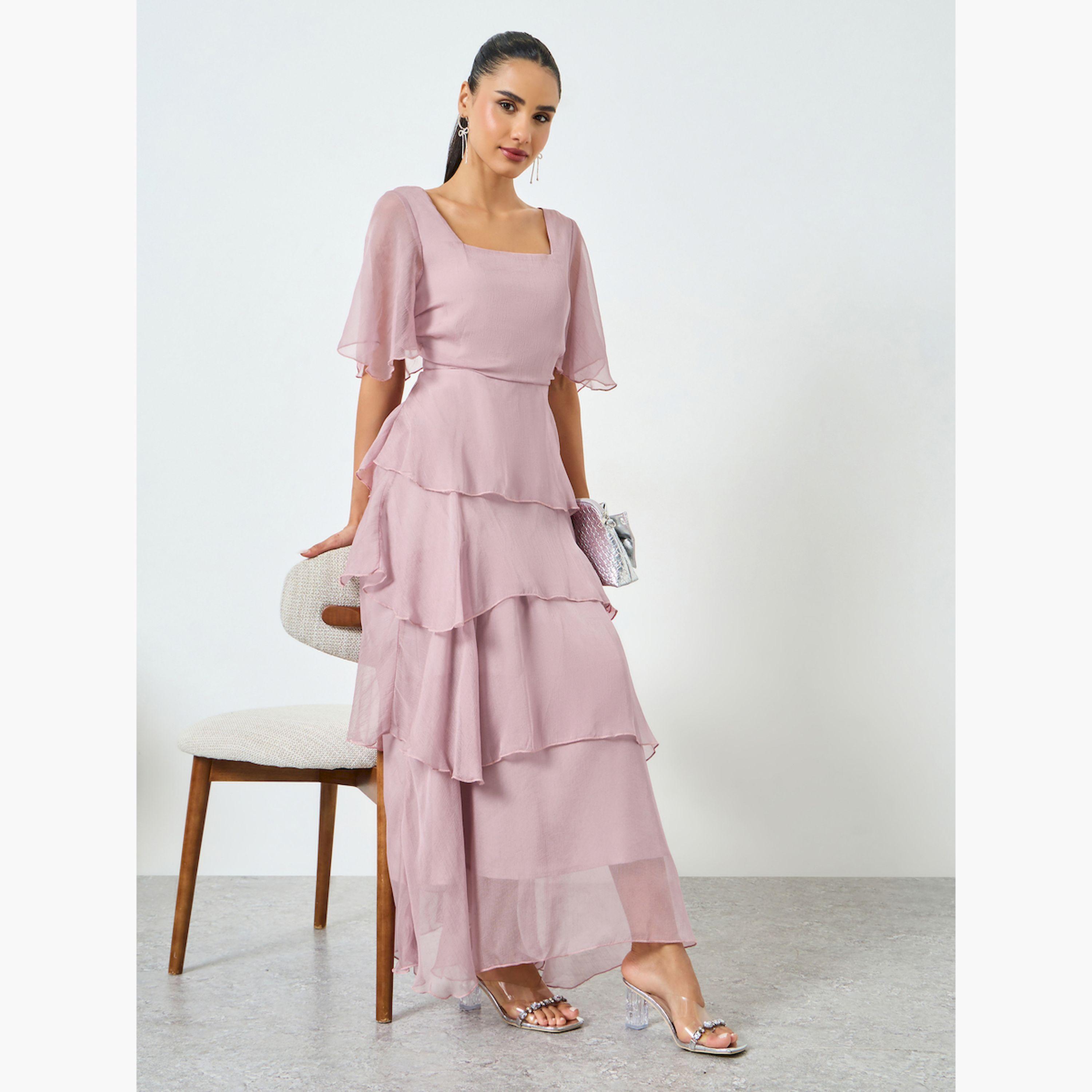 فستان طويل بتفاصيل طبقات مع أكمام قصيرة-women-clothing-dresses-image-3