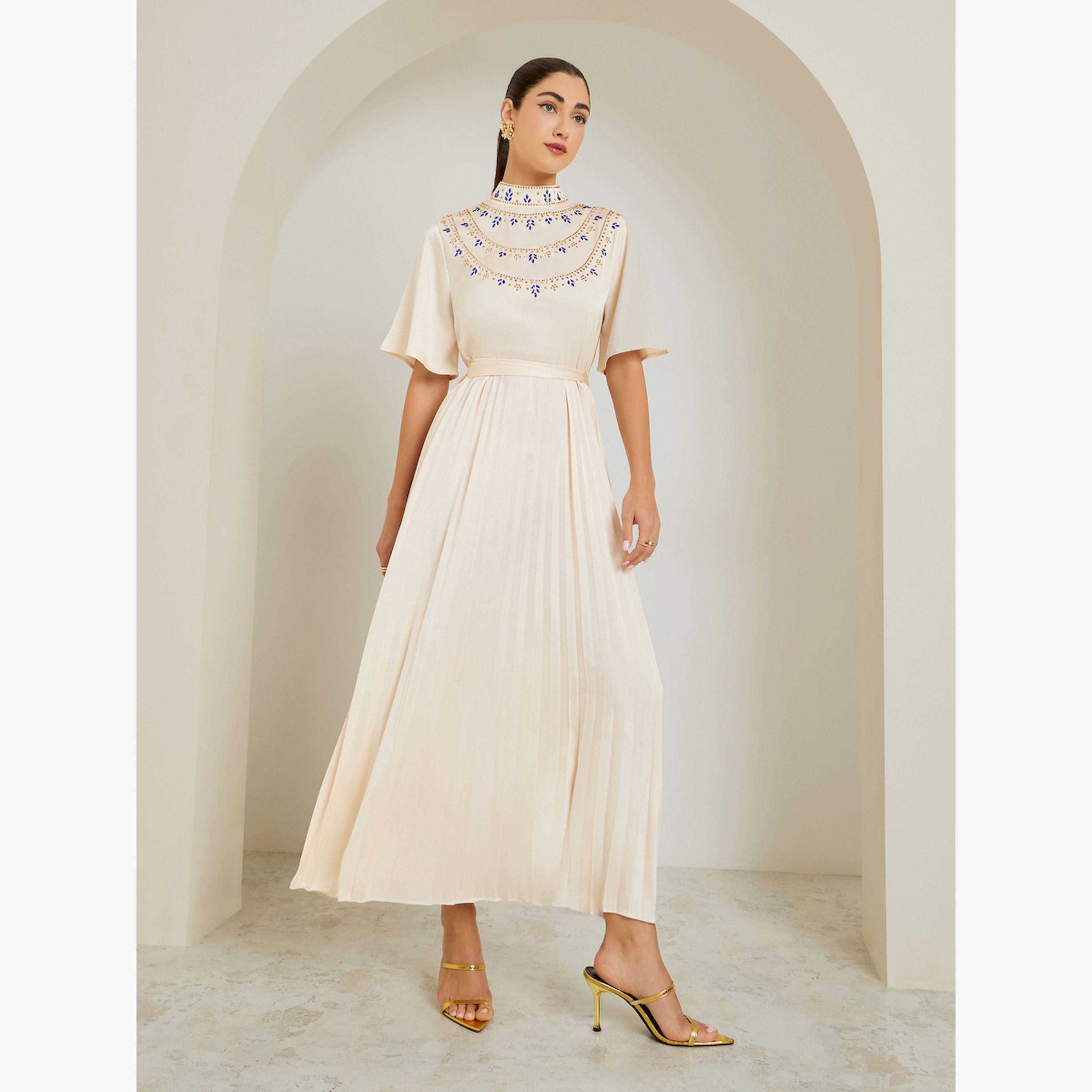 فستان طويل كريمي بليسيه مزين-women-clothing-dresses-image-1