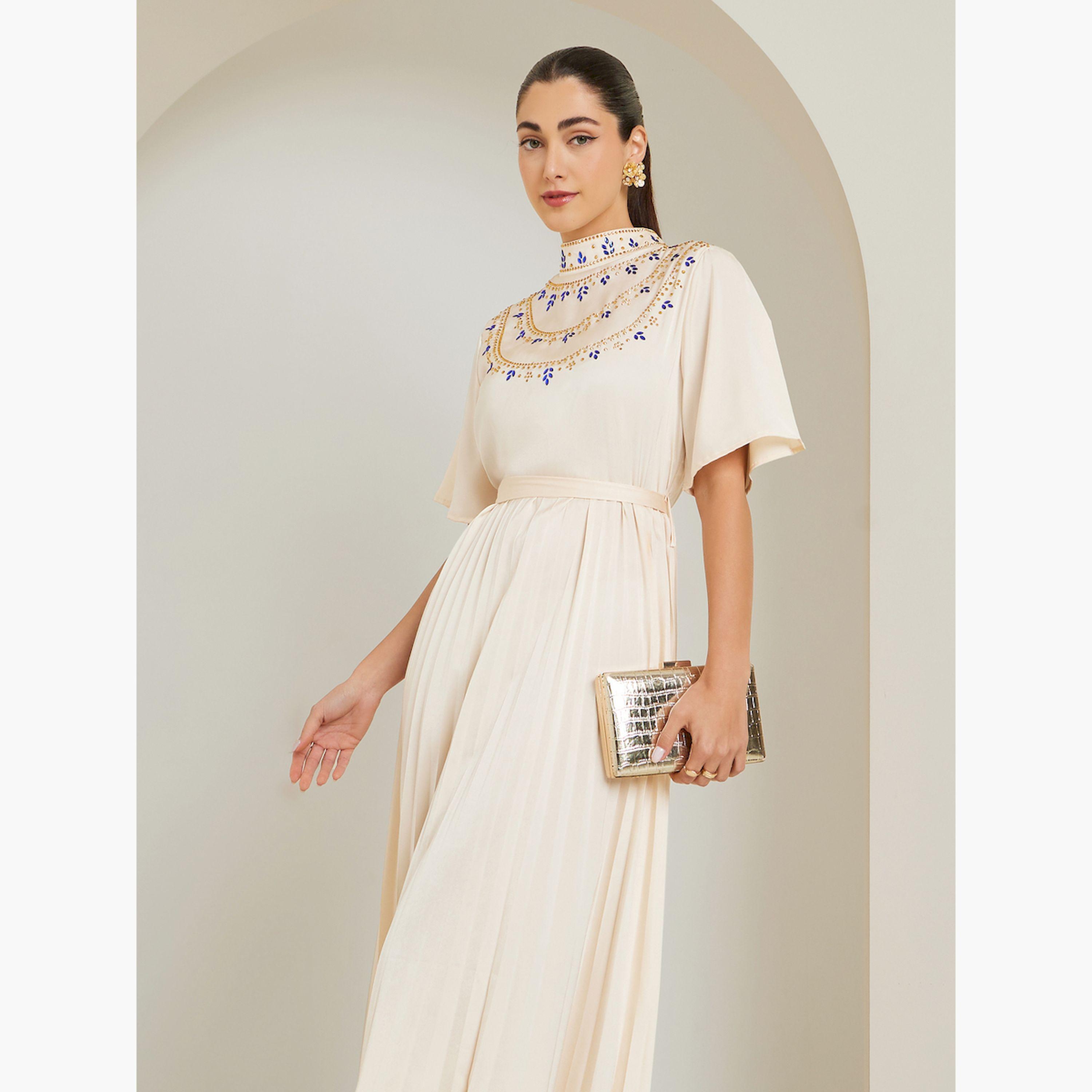 فستان طويل كريمي بليسيه مزين-women-clothing-dresses-image-2