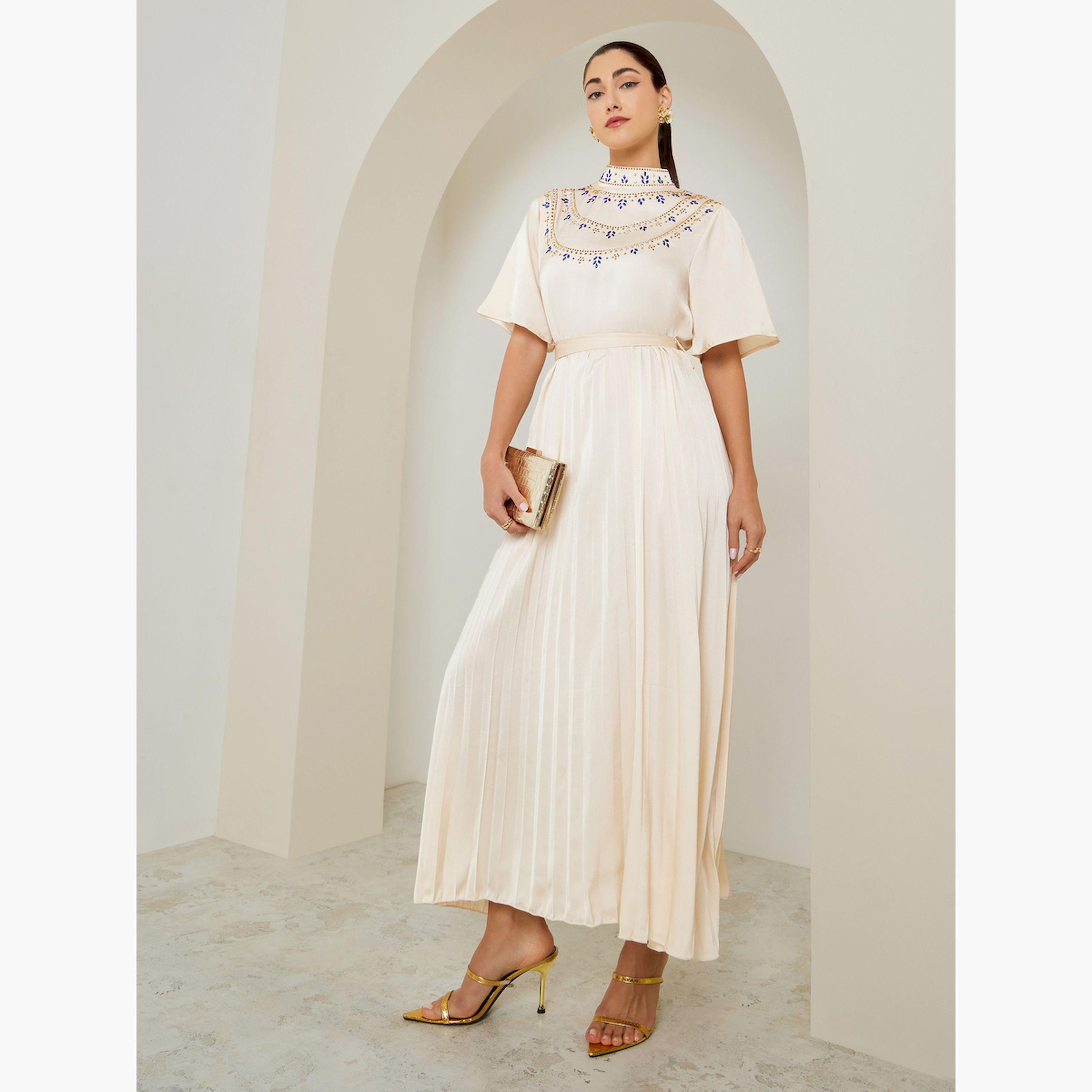 فستان طويل كريمي بليسيه مزين-women-clothing-dresses-image-3