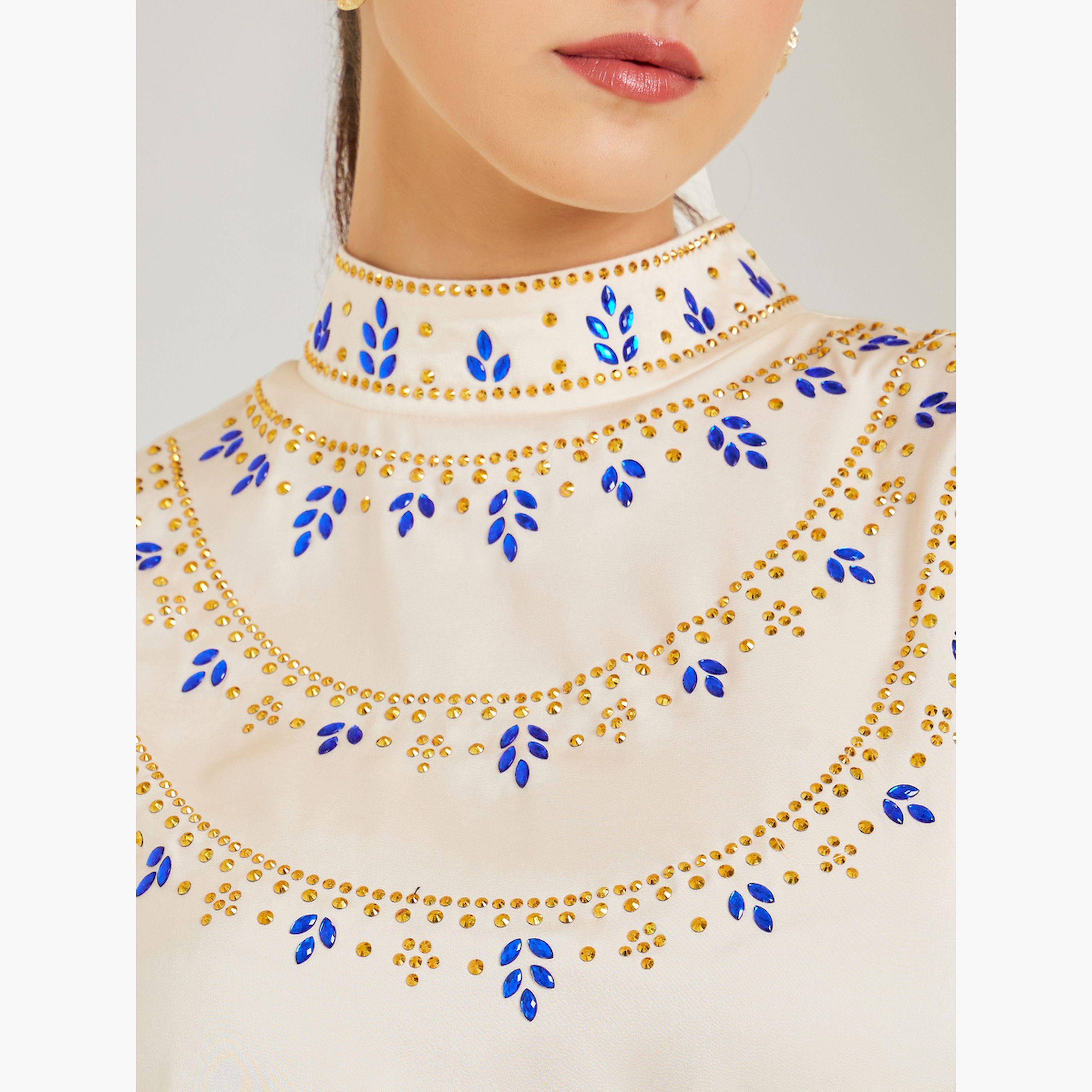 فستان طويل كريمي بليسيه مزين-women-clothing-dresses-image-4