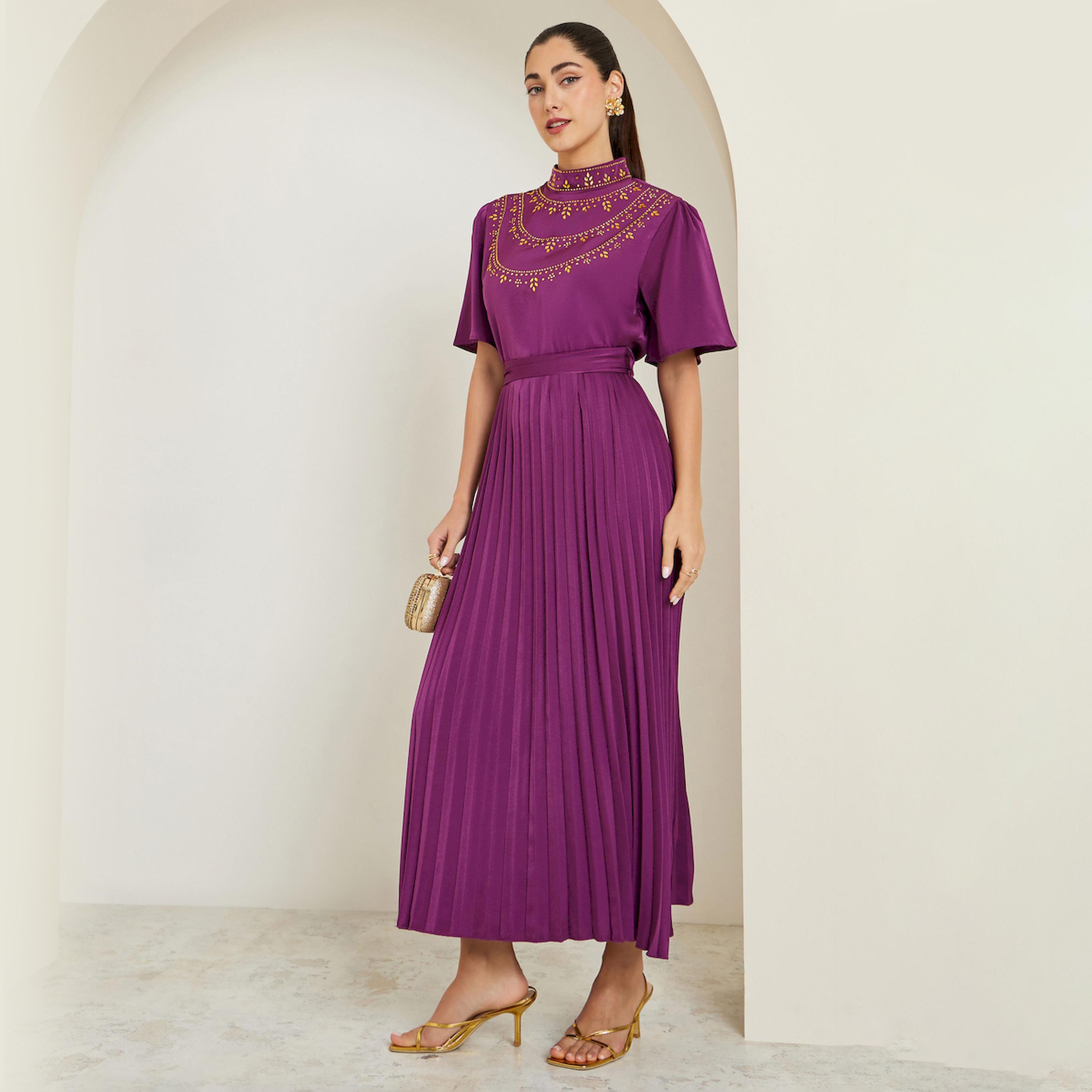 Styli Magenta Embellished Pleated A-Line Maxi Dress-women-clothing-dresses-image-1