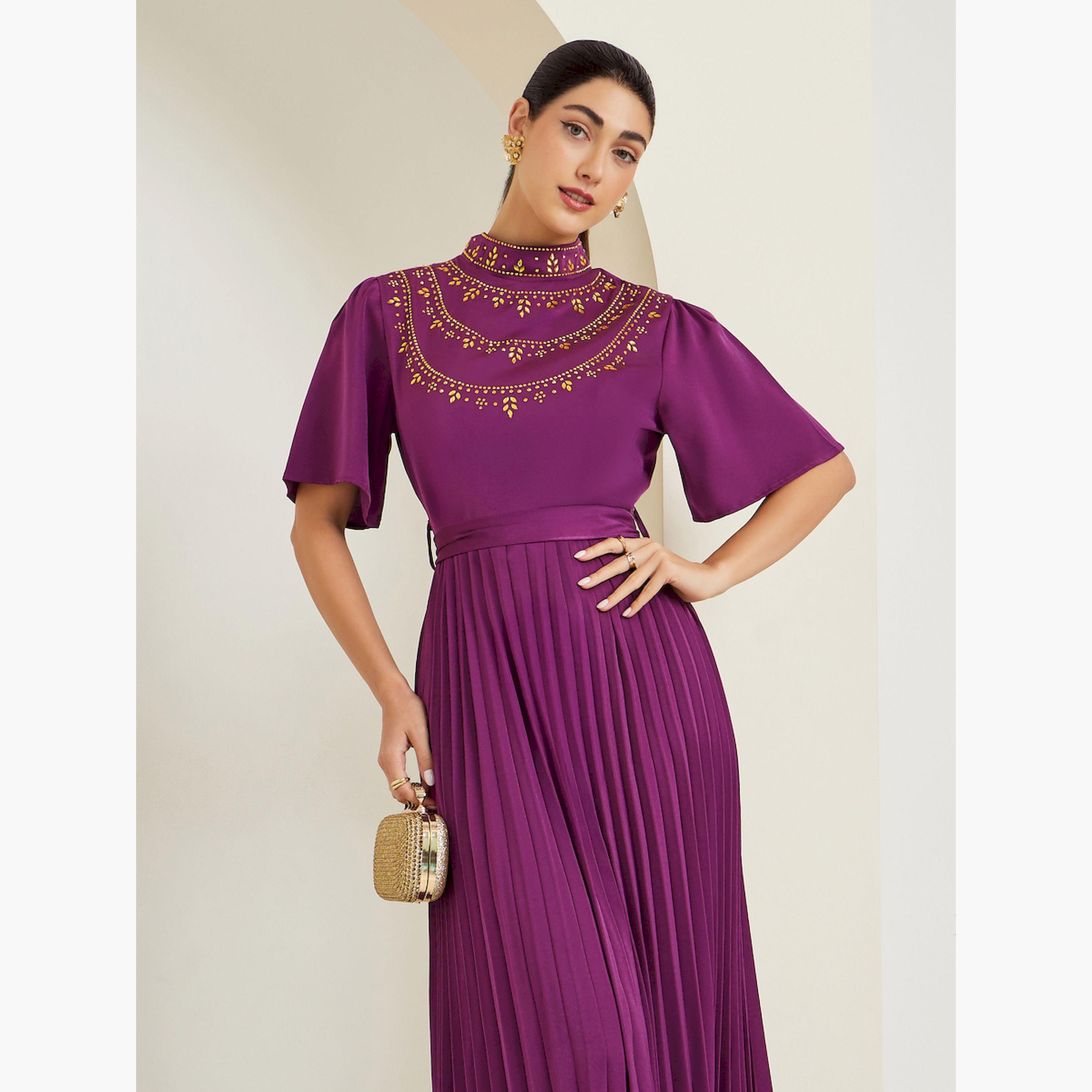 Styli Magenta Embellished Pleated A-Line Maxi Dress-women-clothing-dresses-image-2