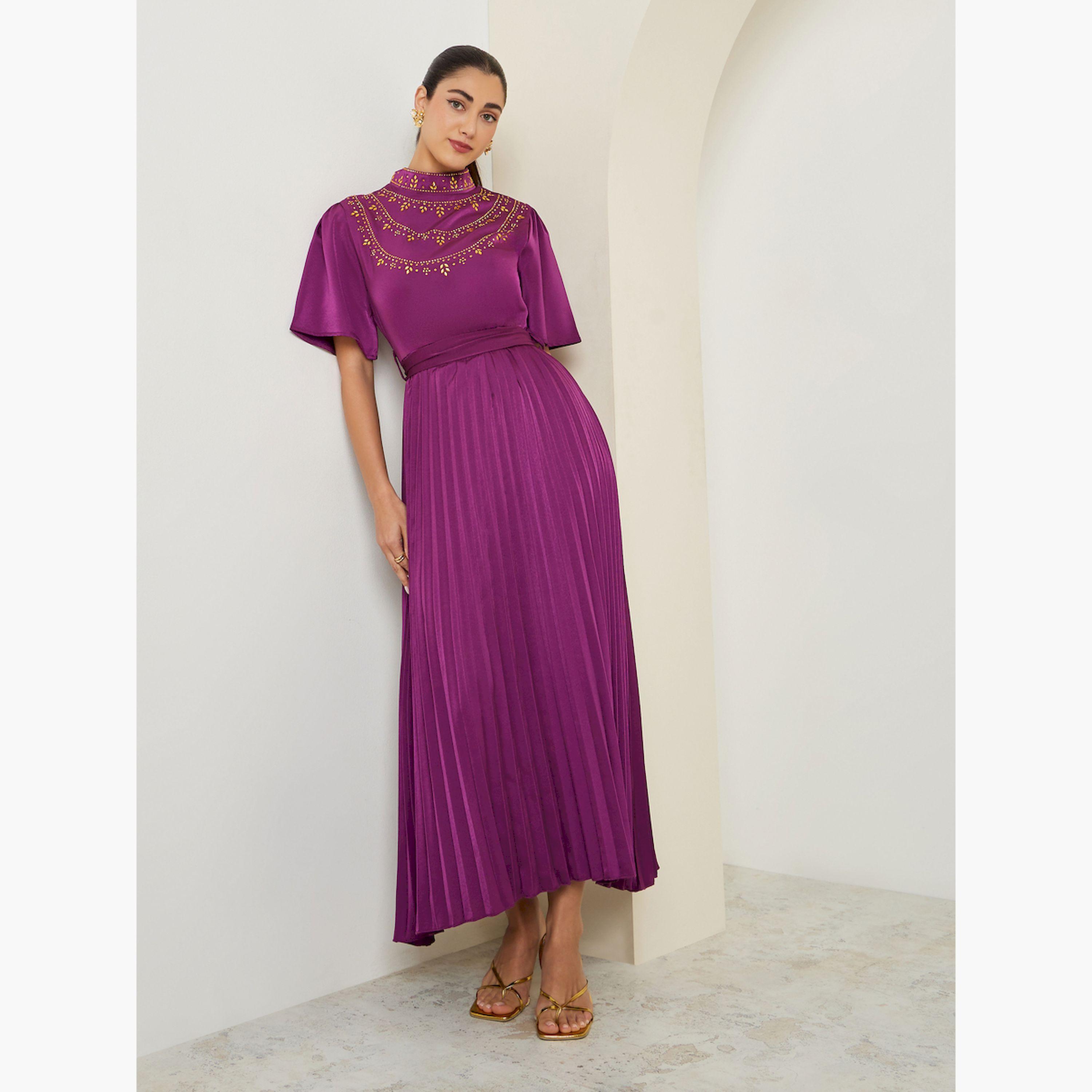 Styli Magenta Embellished Pleated A-Line Maxi Dress-women-clothing-dresses-image-3