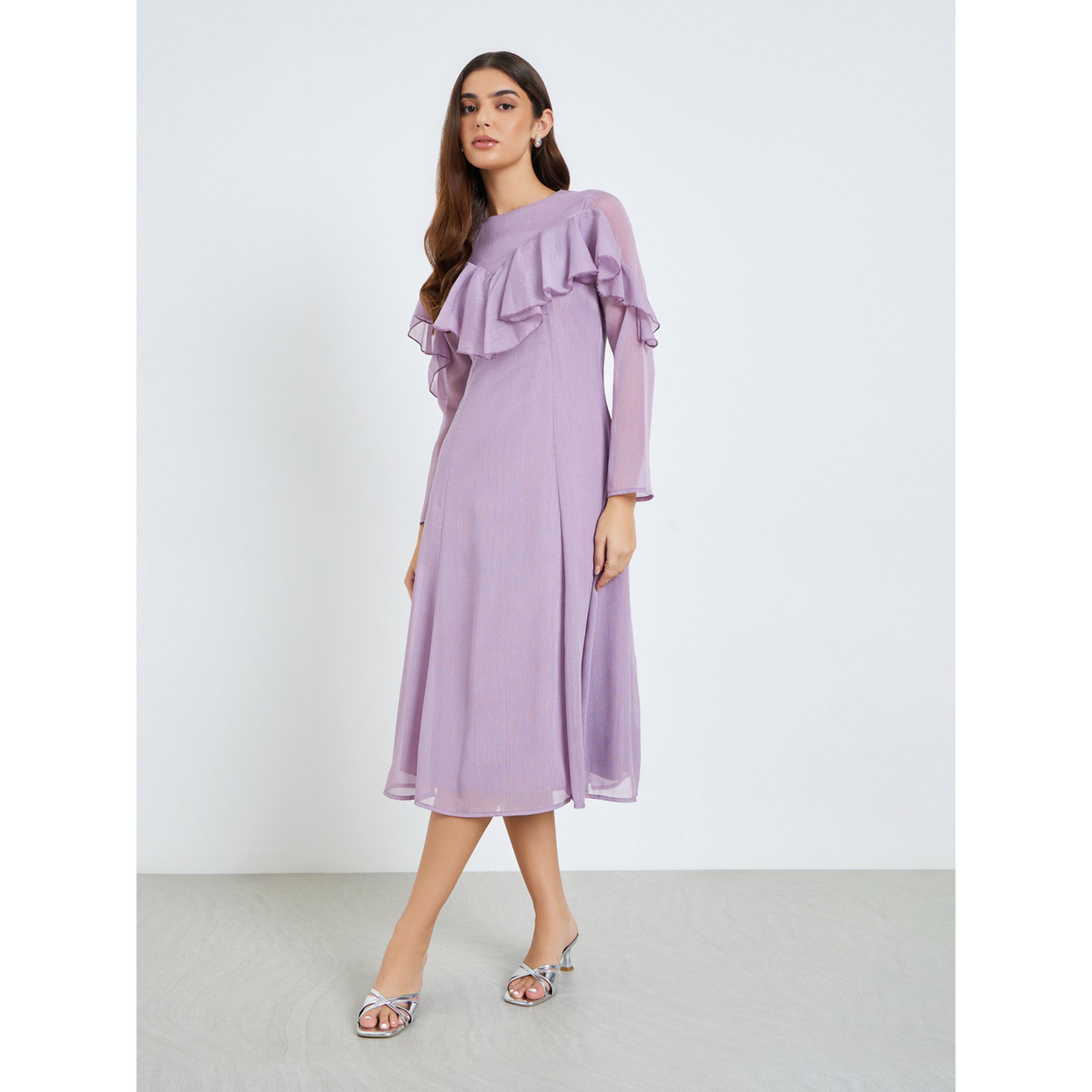 فستان ميدي بلون ليلكي وتفاصيل كشكش-women-clothing-dresses-image-1