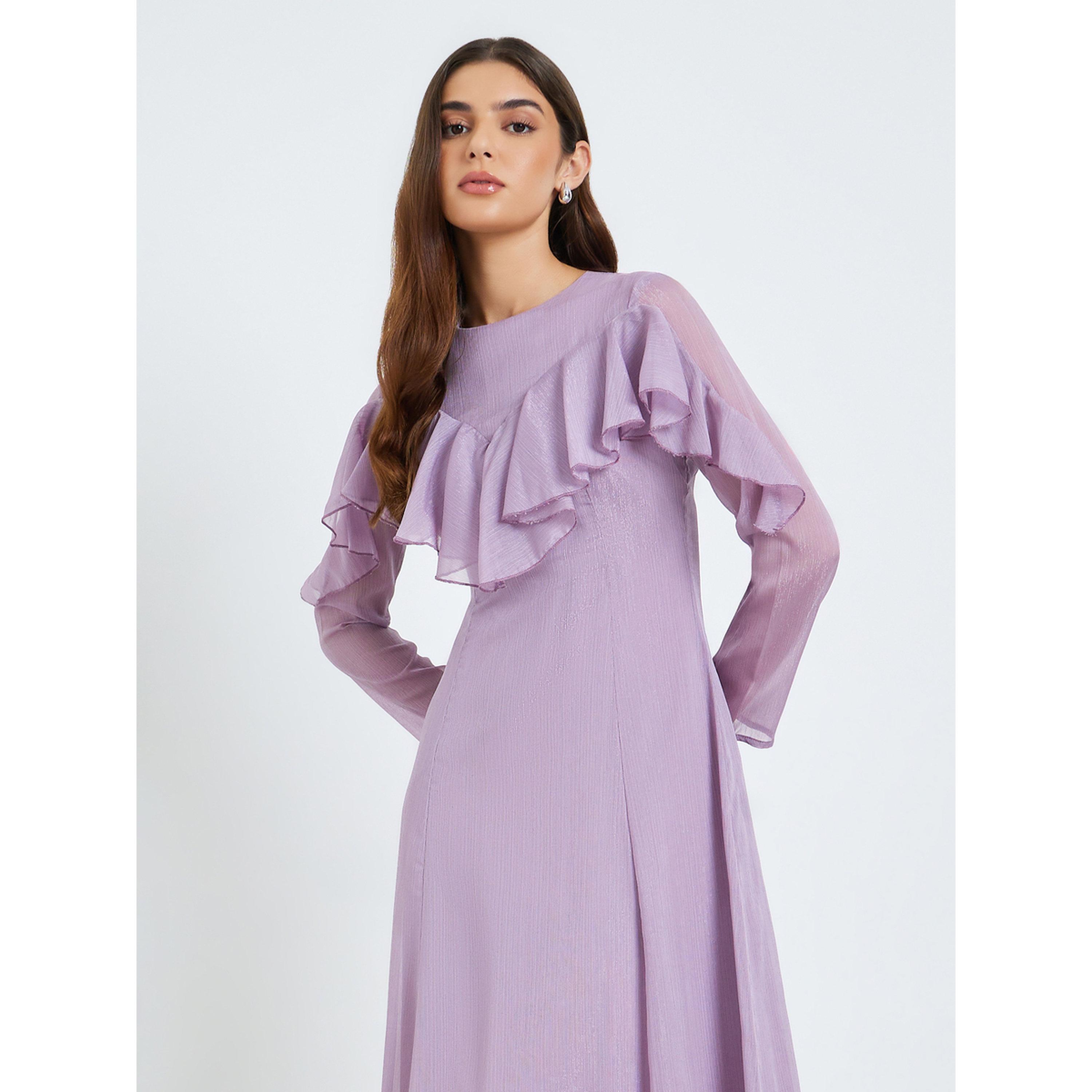 فستان ميدي بلون ليلكي وتفاصيل كشكش-women-clothing-dresses-image-2