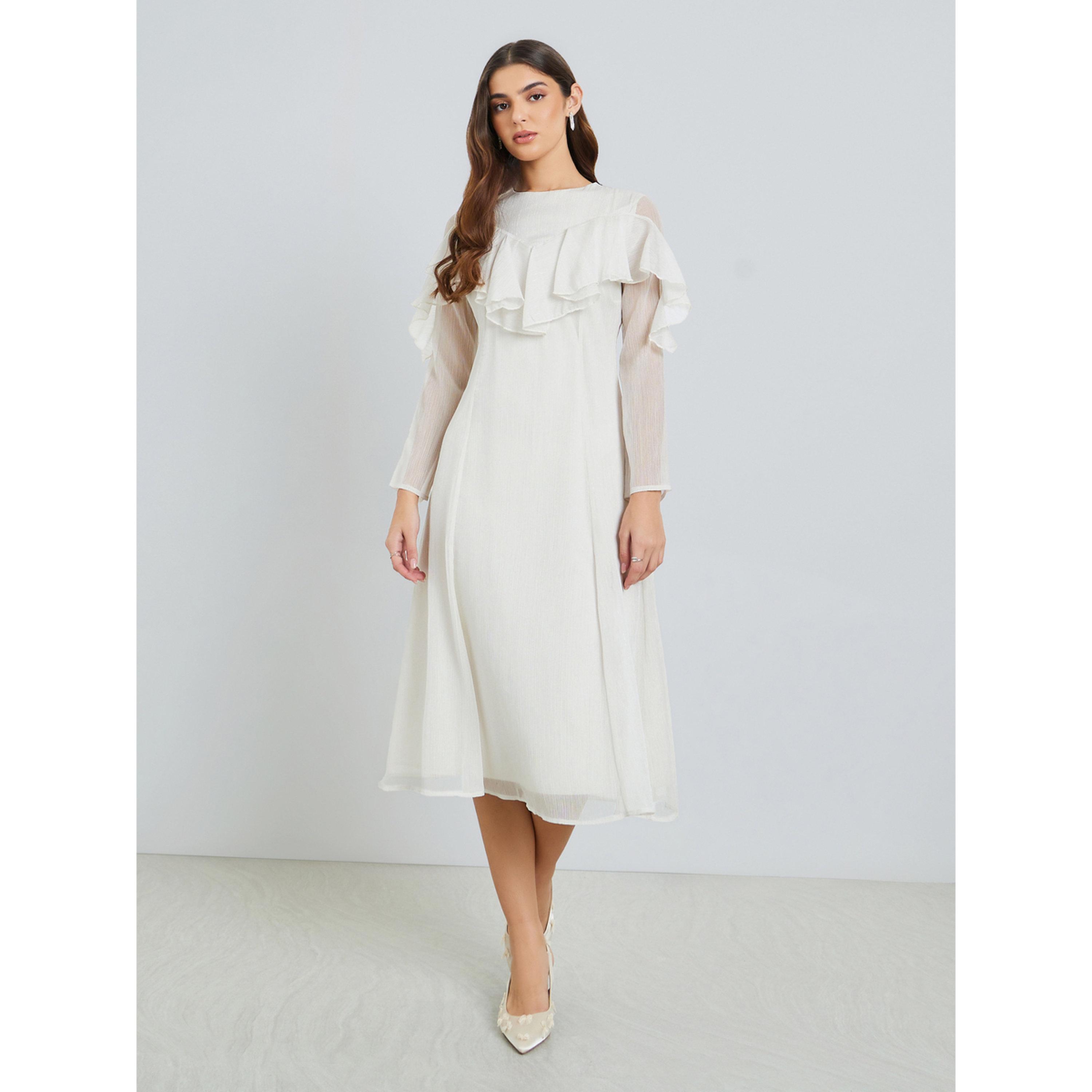 Styli Women Off-White Ruffled Detail Midi Dress-women-clothing-dresses-image-1