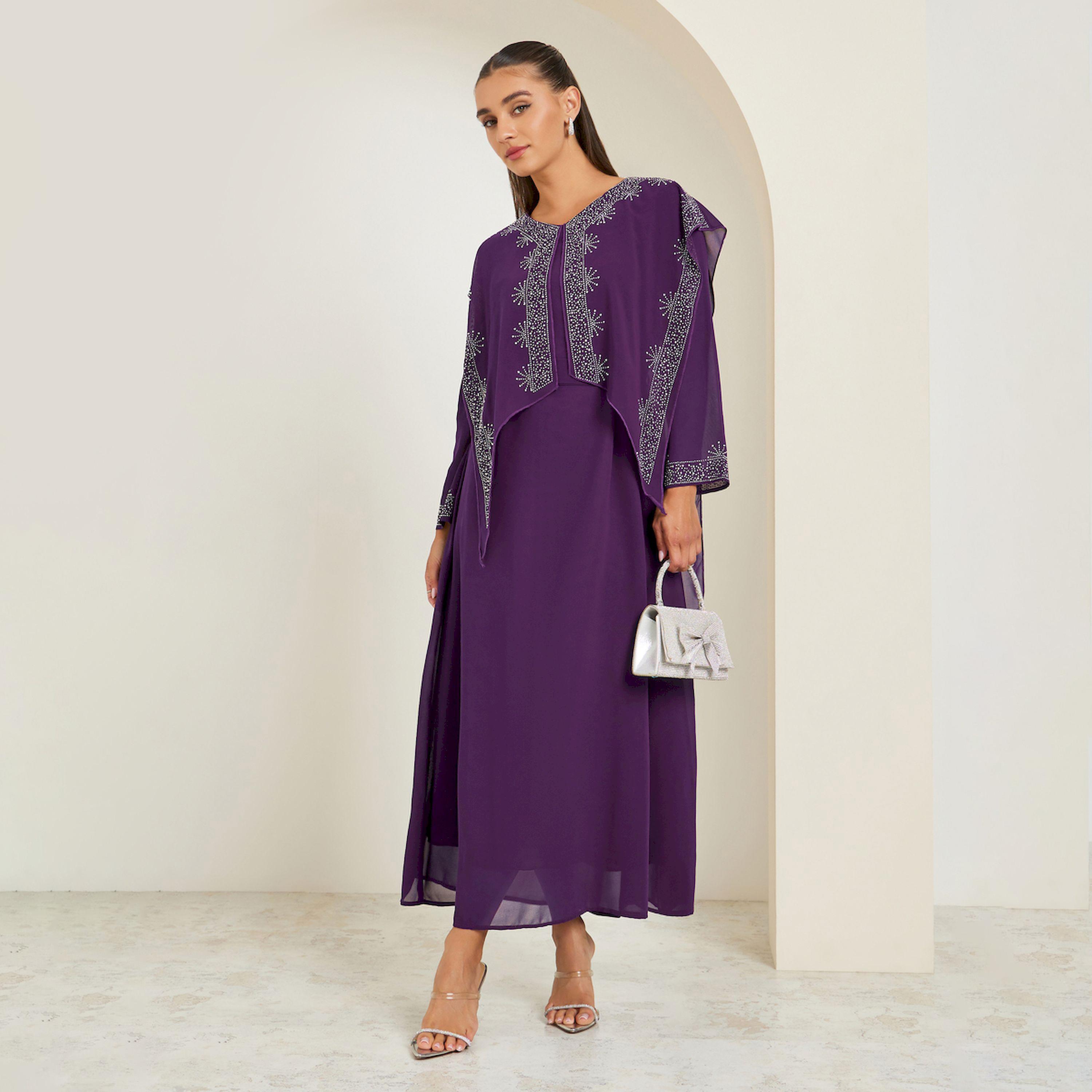 Styli Purple Embellished Cape Maxi Dress-women-clothing-dresses-image-1