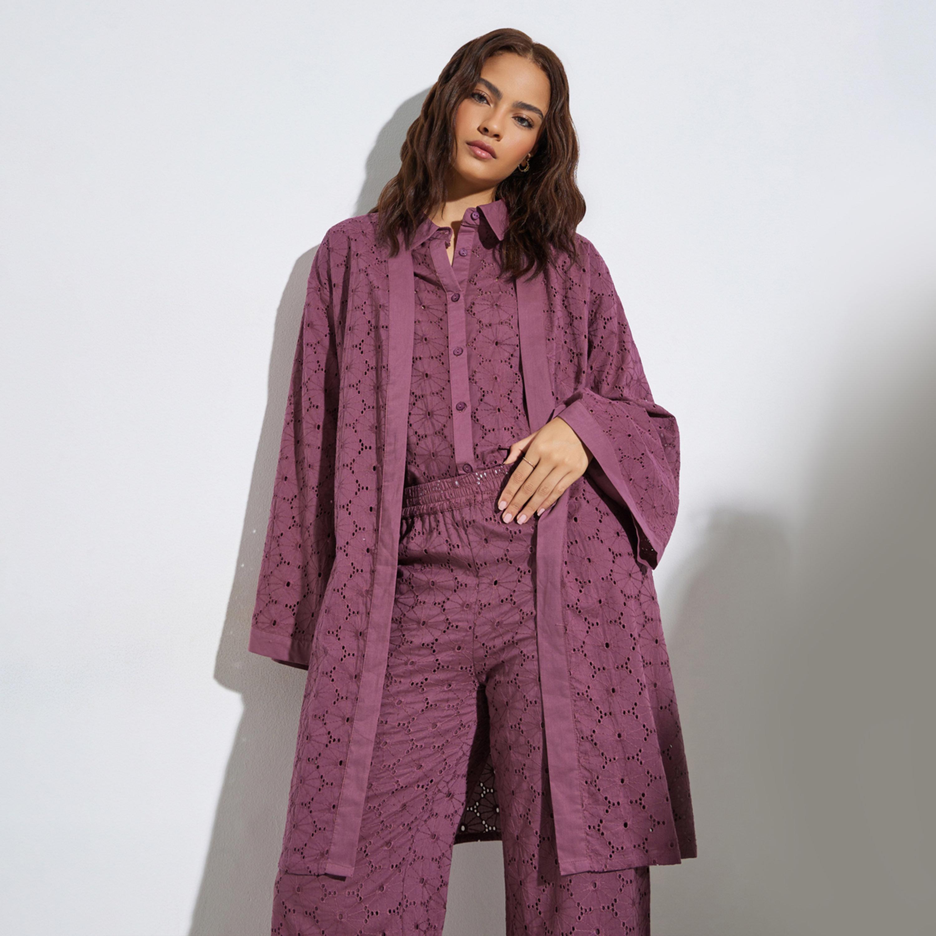 Styli Purple Schiffli Knee Length Kimono-women-winterwear-cardigansandjumpers-cardigans-image-1