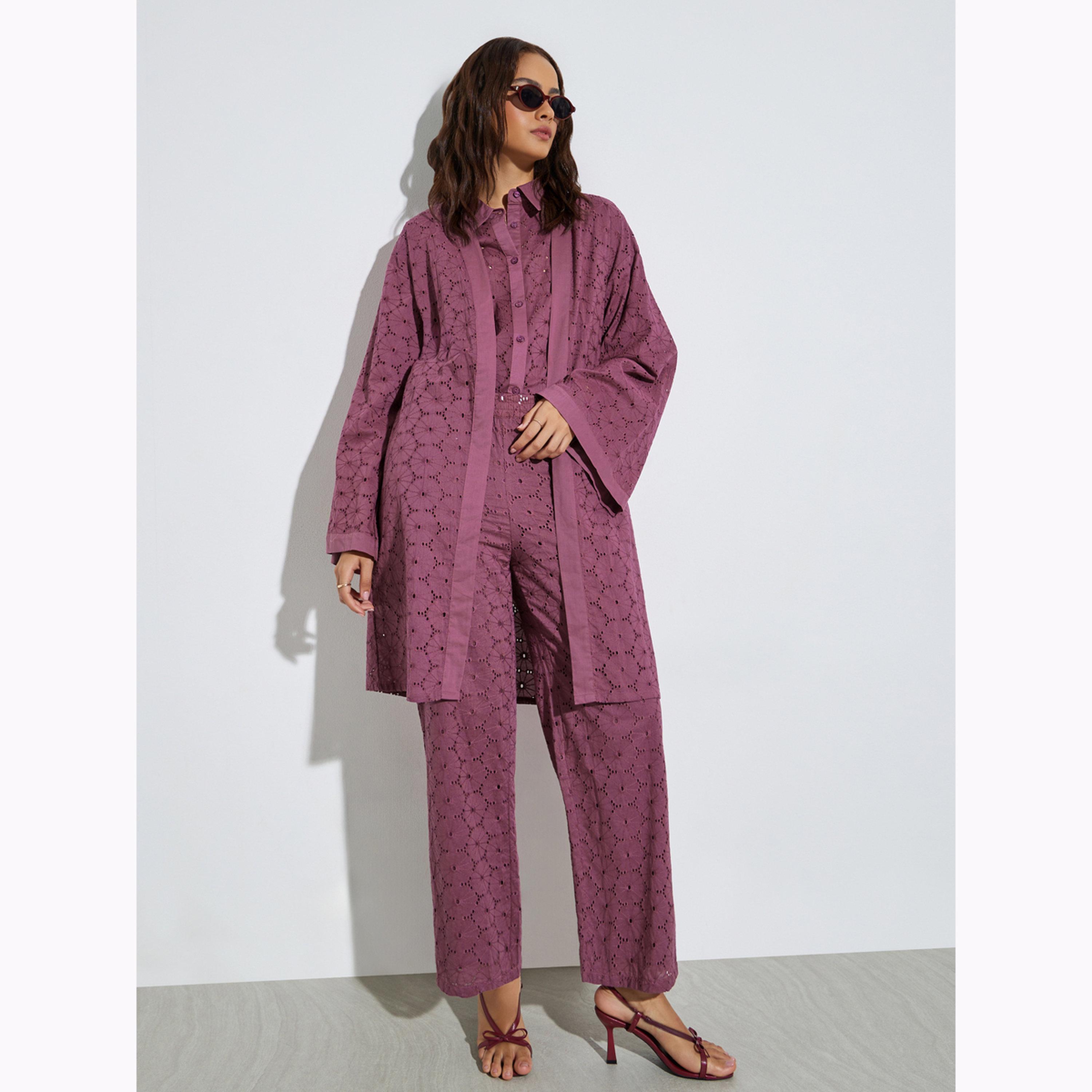 Styli Purple Schiffli Knee Length Kimono-women-winterwear-cardigansandjumpers-cardigans-image-2