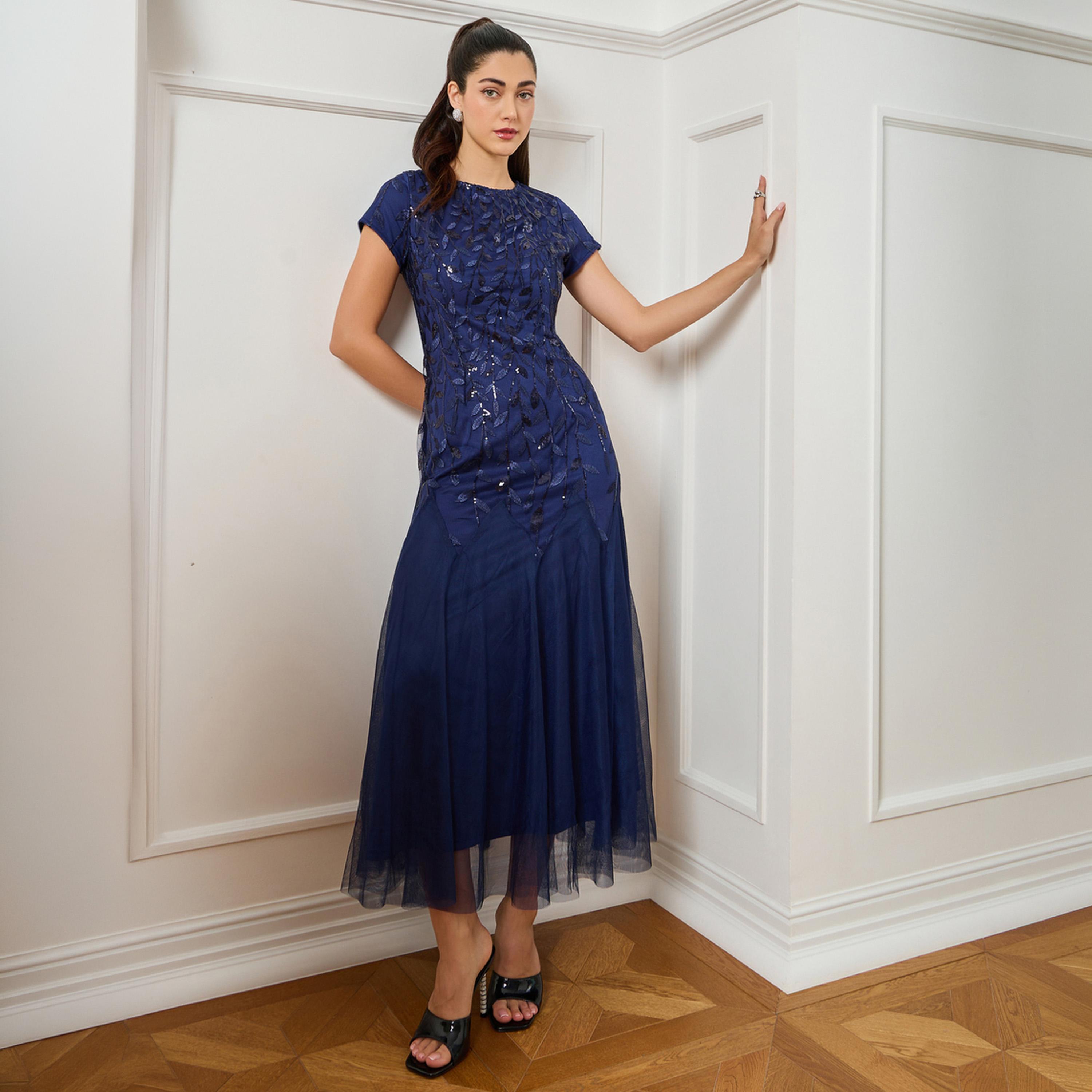 فستان طويل قماش شبكي مطرز لون كحلي-women-clothing-dresses-image-1