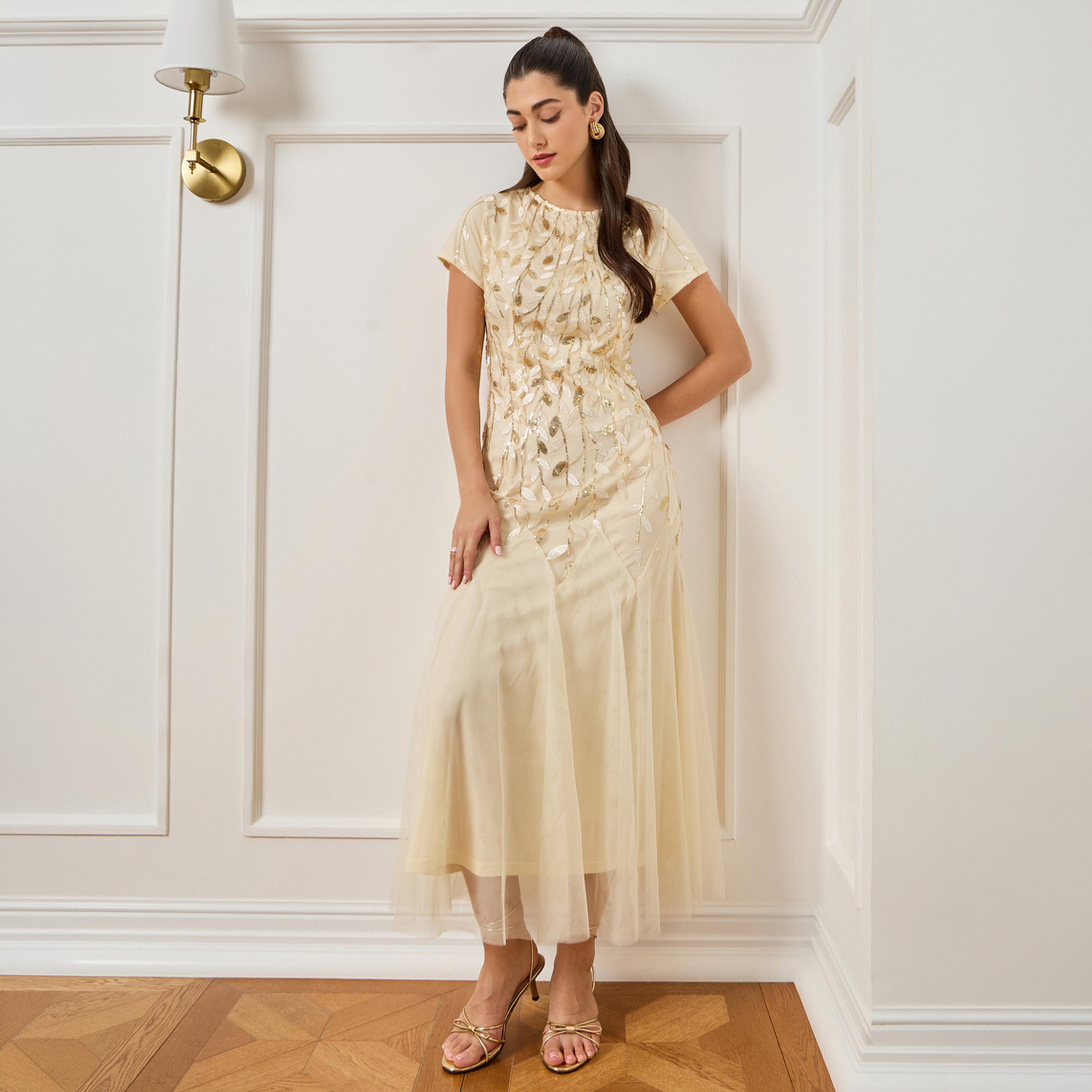 فستان طويل قماش شبكي مطرز لون بيج-women-clothing-dresses-image-1