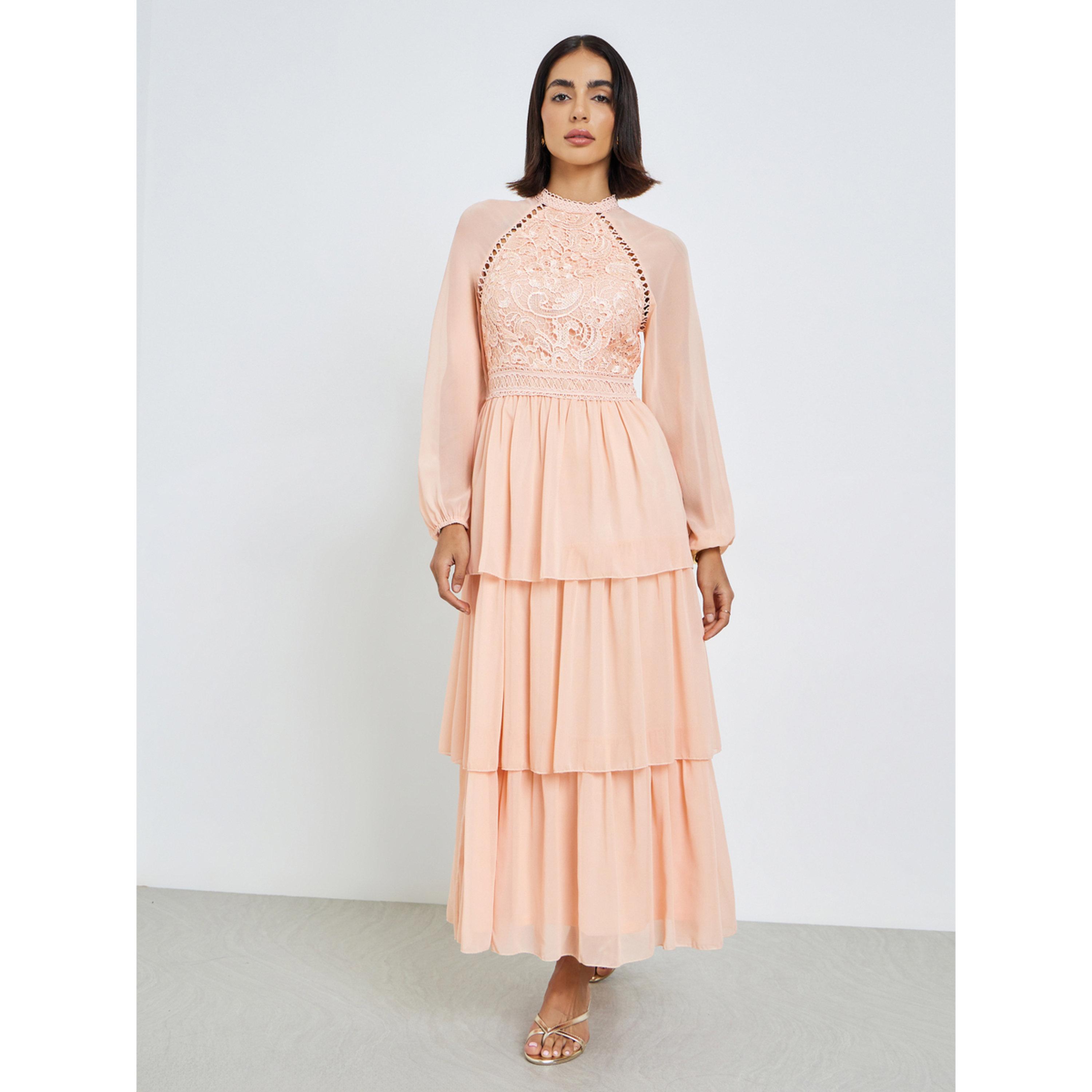 Styli Peach Lace Tiered Maxi Dress-women-clothing-dresses-image-1