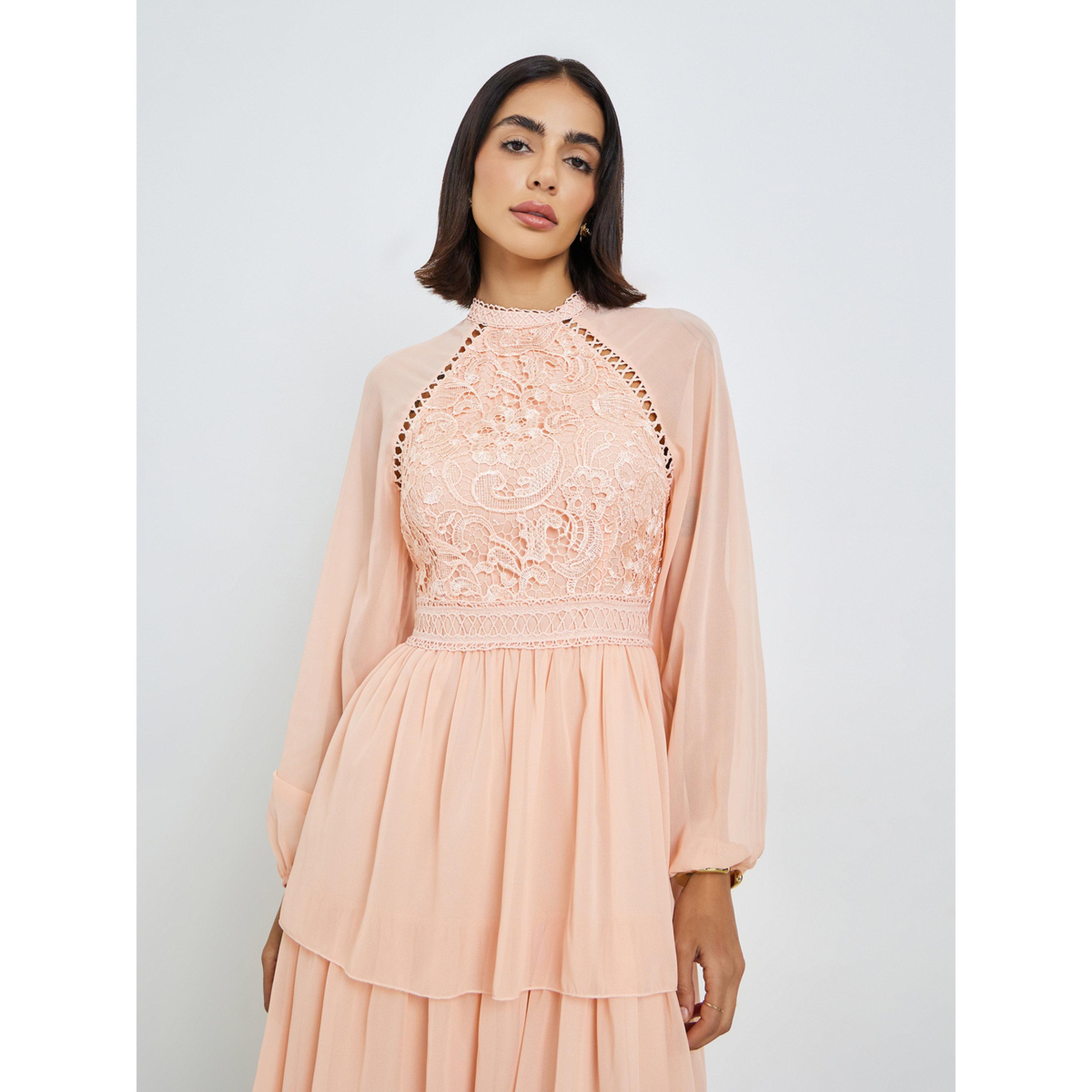 Styli Peach Lace Tiered Maxi Dress-women-clothing-dresses-image-2