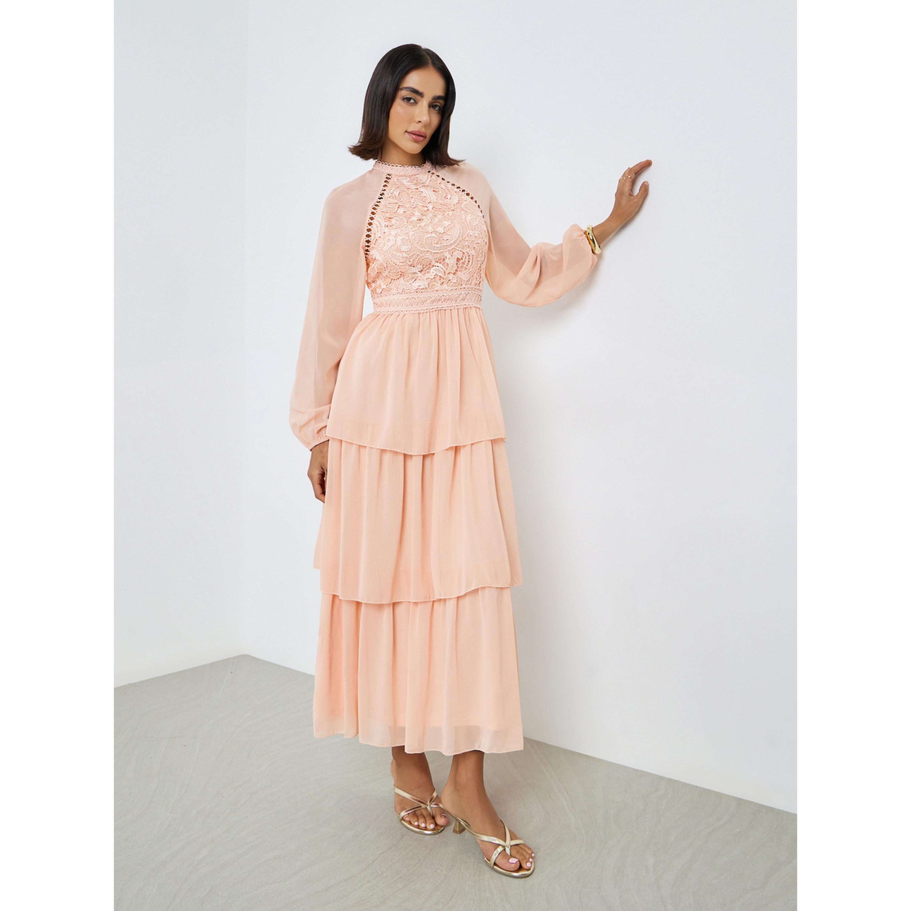 Styli Peach Lace Tiered Maxi Dress-women-clothing-dresses-image-3
