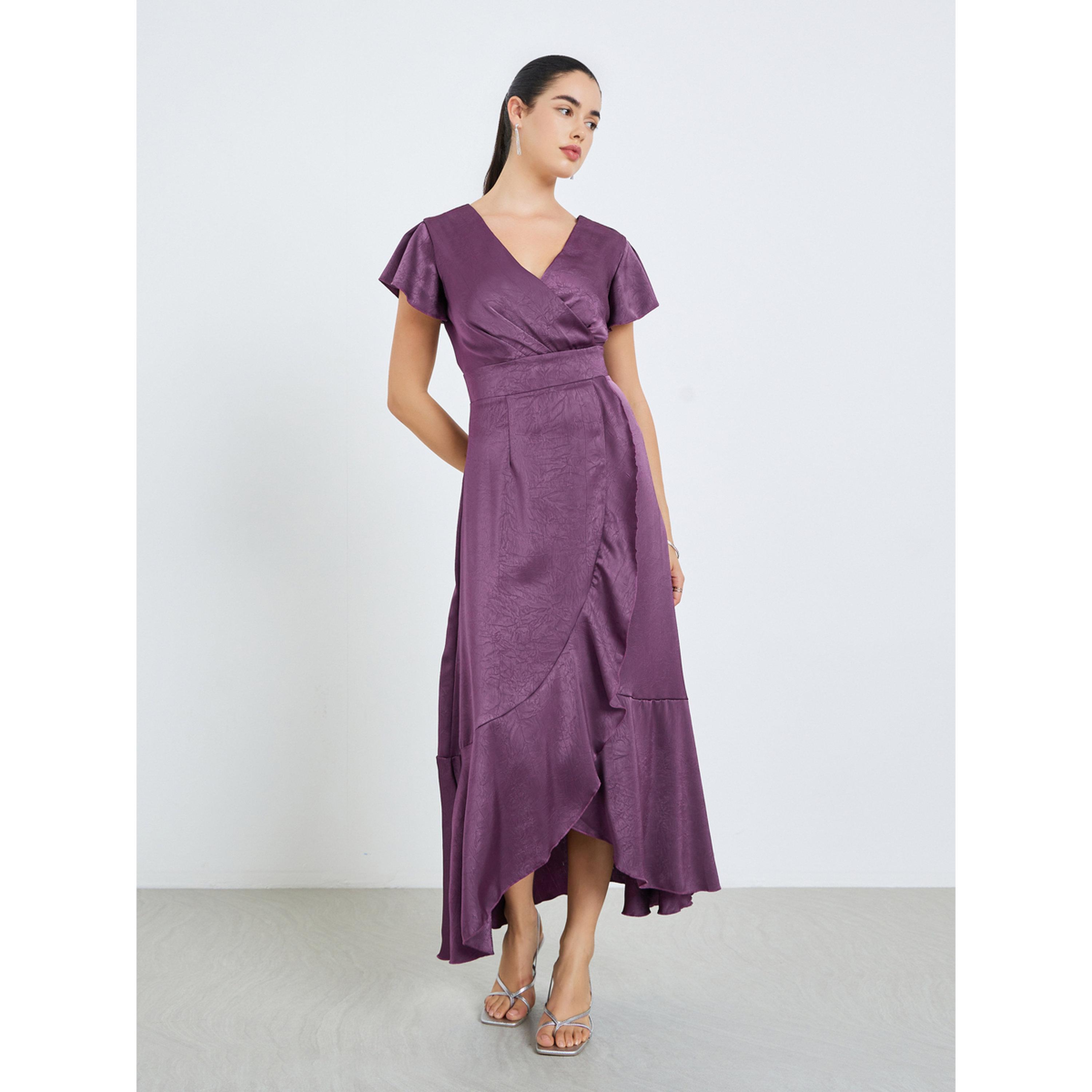 فستان بنفسجي طويل ملفوف وحافة كشكش-women-clothing-dresses-image-1