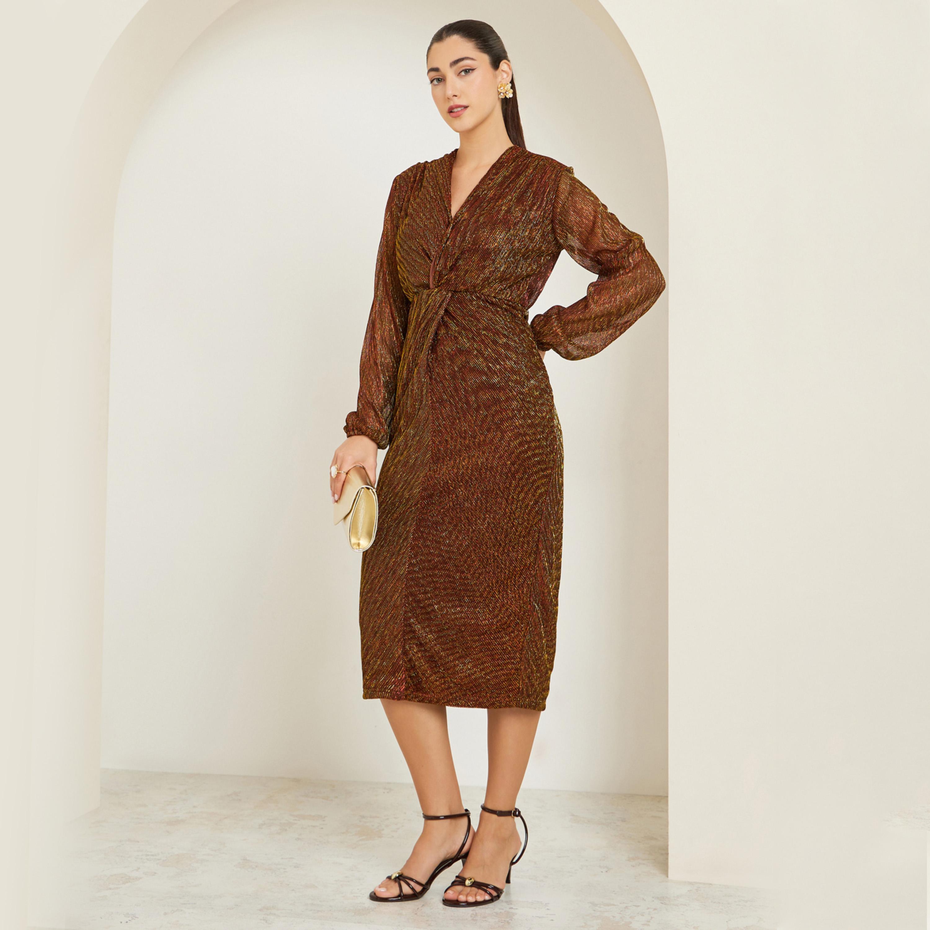 ستايلي - فستان ميدي بأكمام طويلة منقوش بنقشة بليسيه لون بني-women-clothing-dresses-image-1