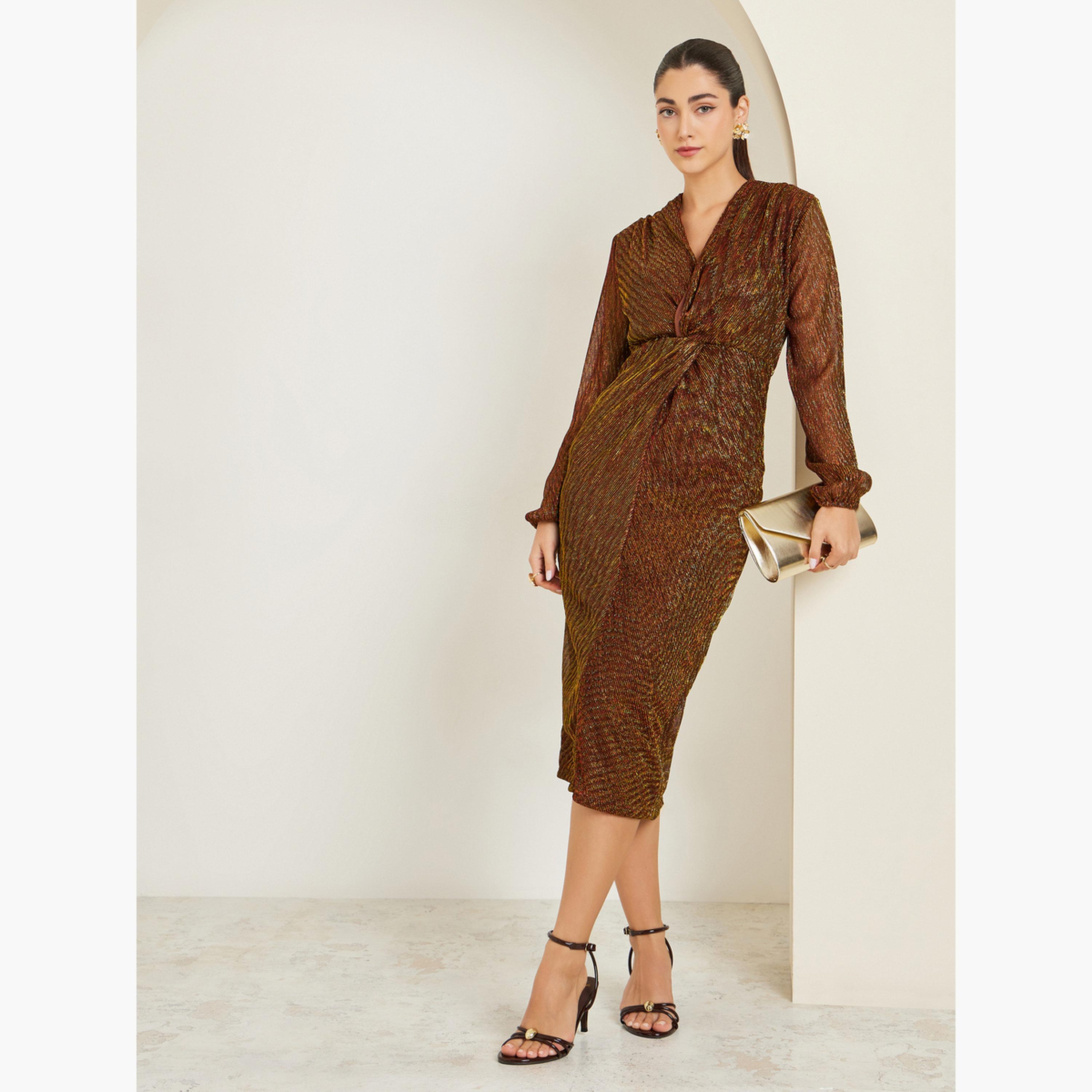 Styli Brown Plisse Textured Long Sleeve Midi Dress-women-clothing-dresses-image-2
