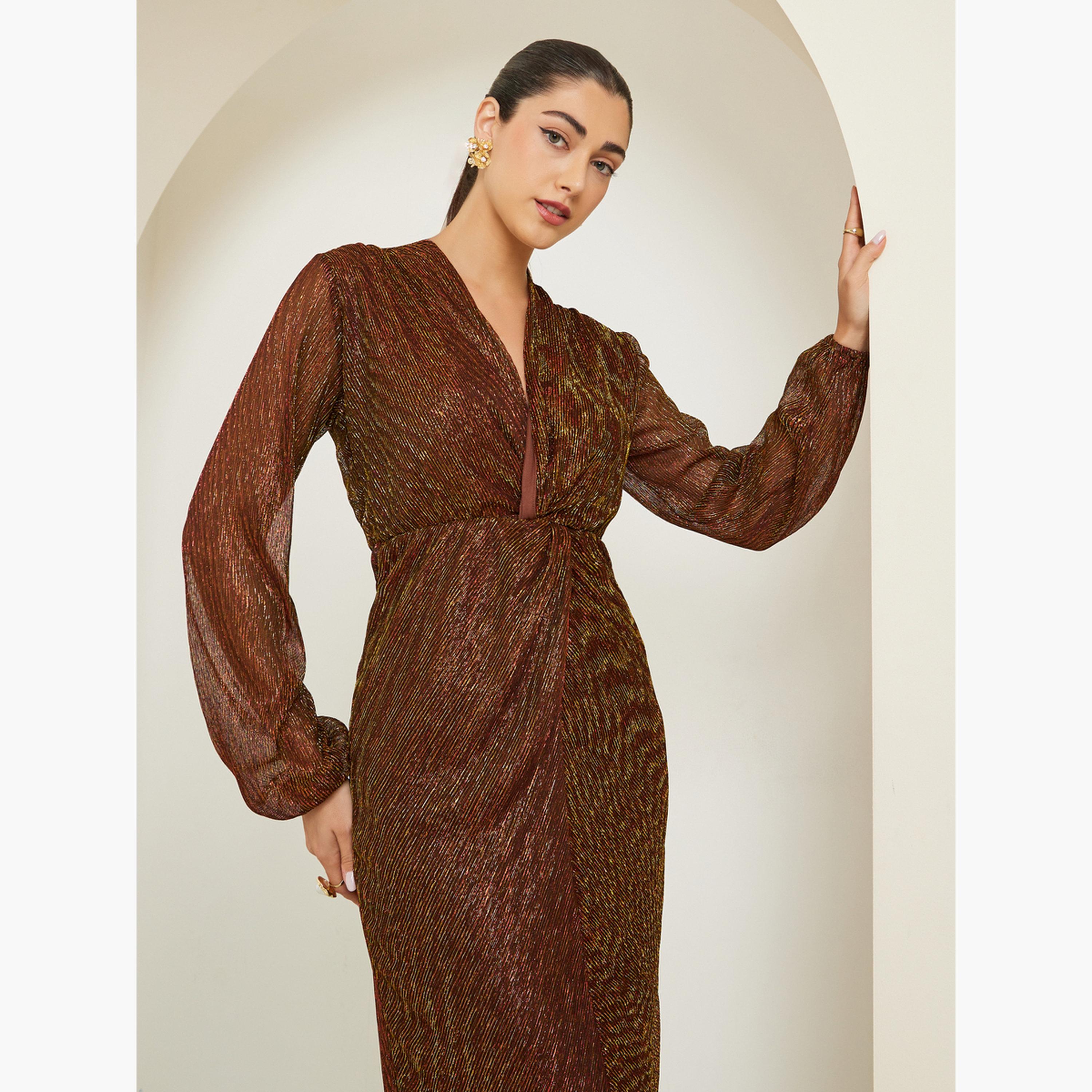 Styli Brown Plisse Textured Long Sleeve Midi Dress-women-clothing-dresses-image-4