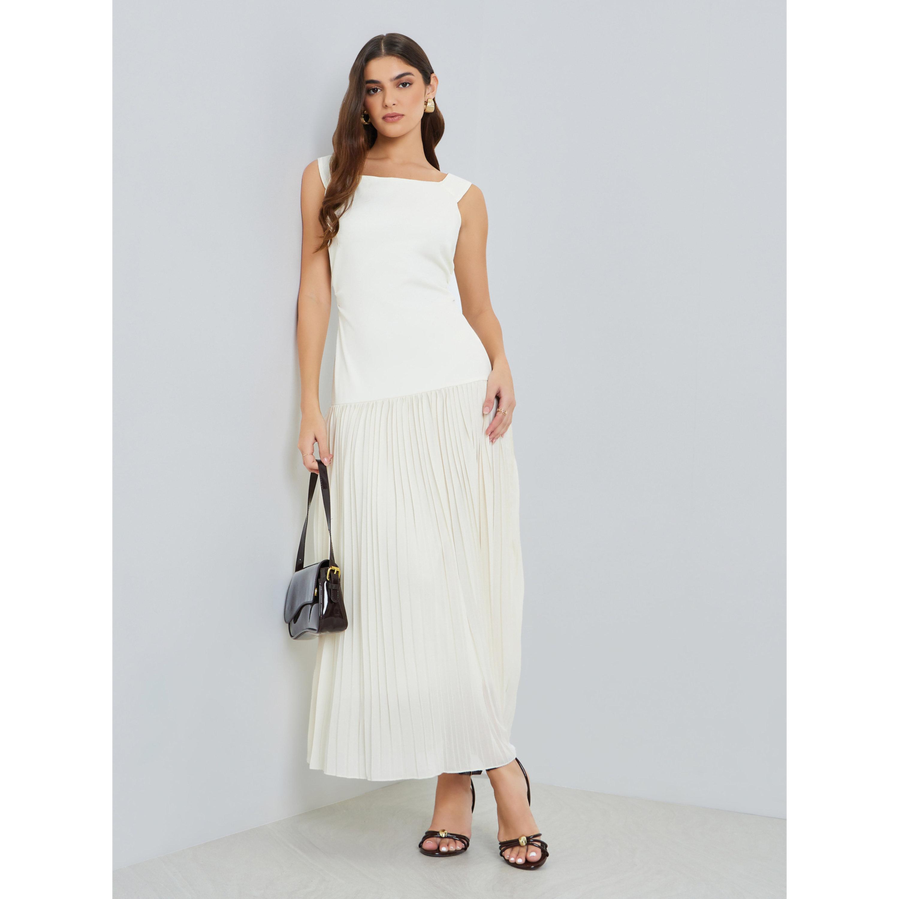 Styli Women Off-White Pleated A-Line Maxi Dress-women-clothing-dresses-image-1