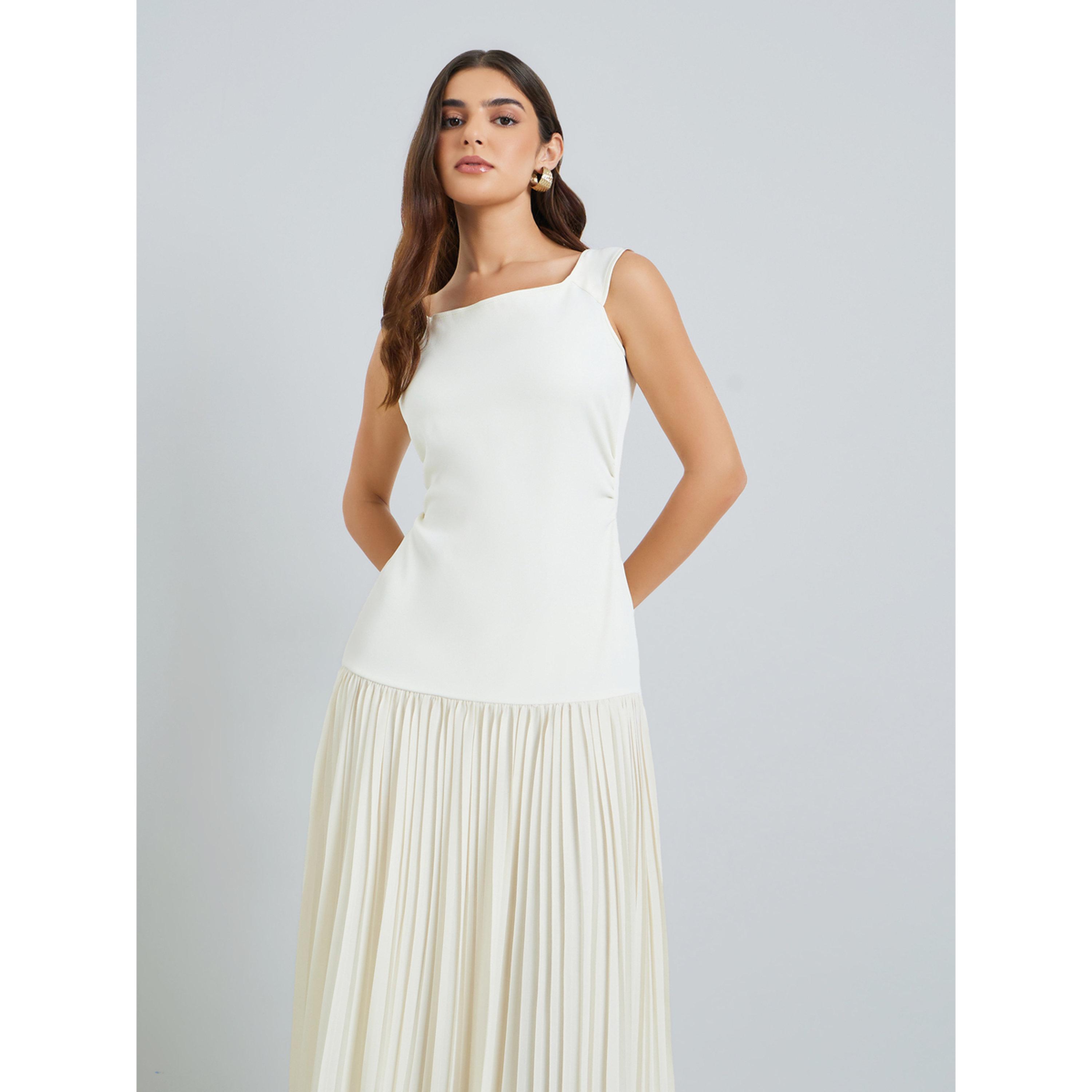 Styli Women Off-White Pleated A-Line Maxi Dress-women-clothing-dresses-image-2