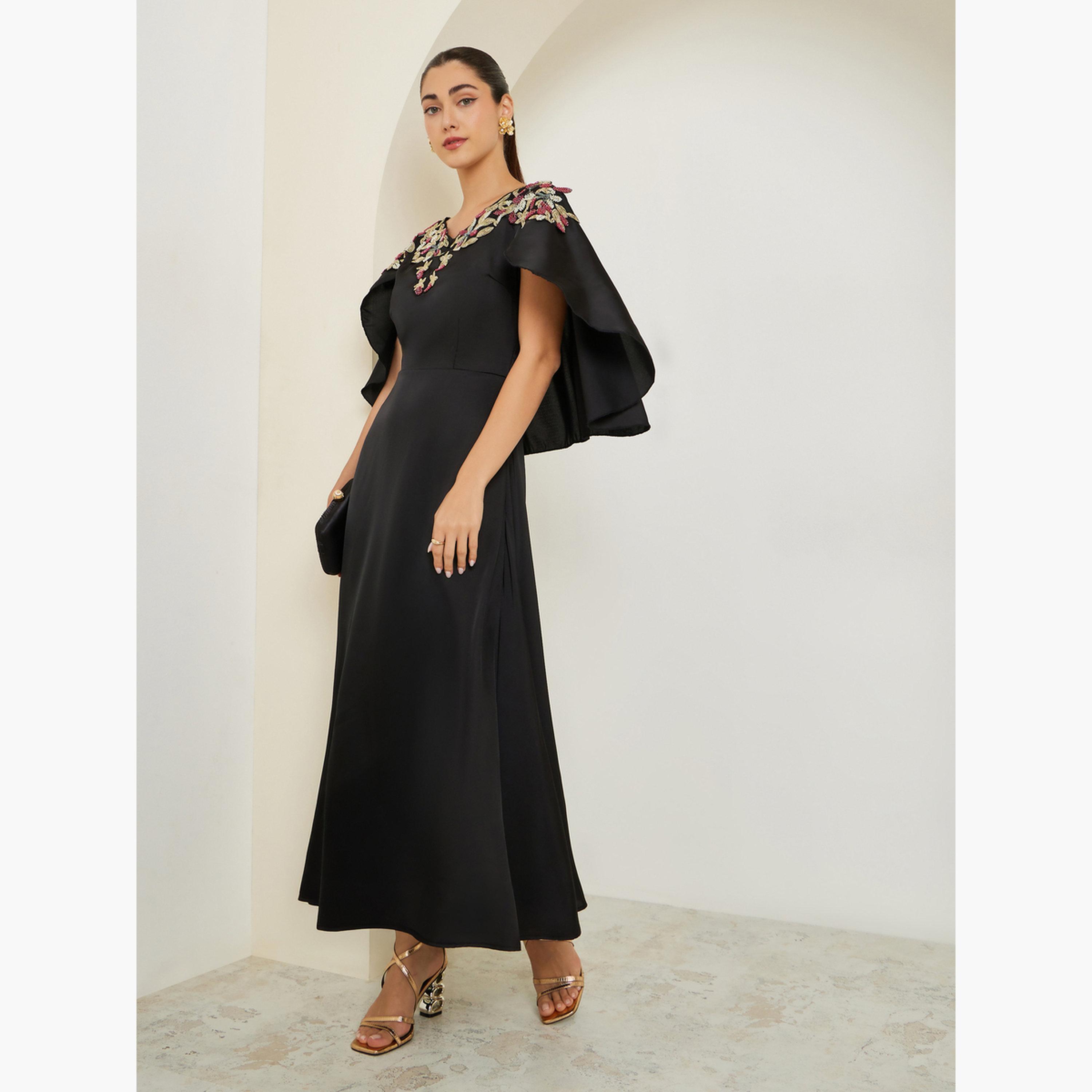 Styli Black Embellished Cape Sleeve Sheath Maxi Dress-women-clothing-dresses-image-3