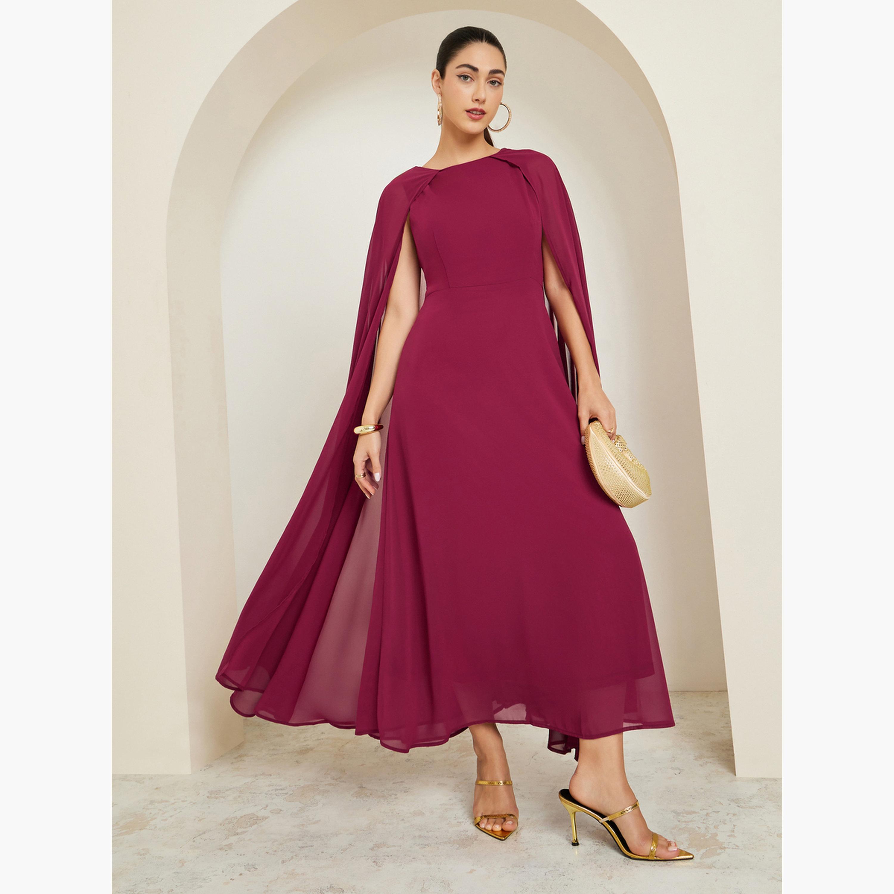 Buy Styli Red Cape Sleeve A-Line Maxi Dress Online | Centrepoint UAE