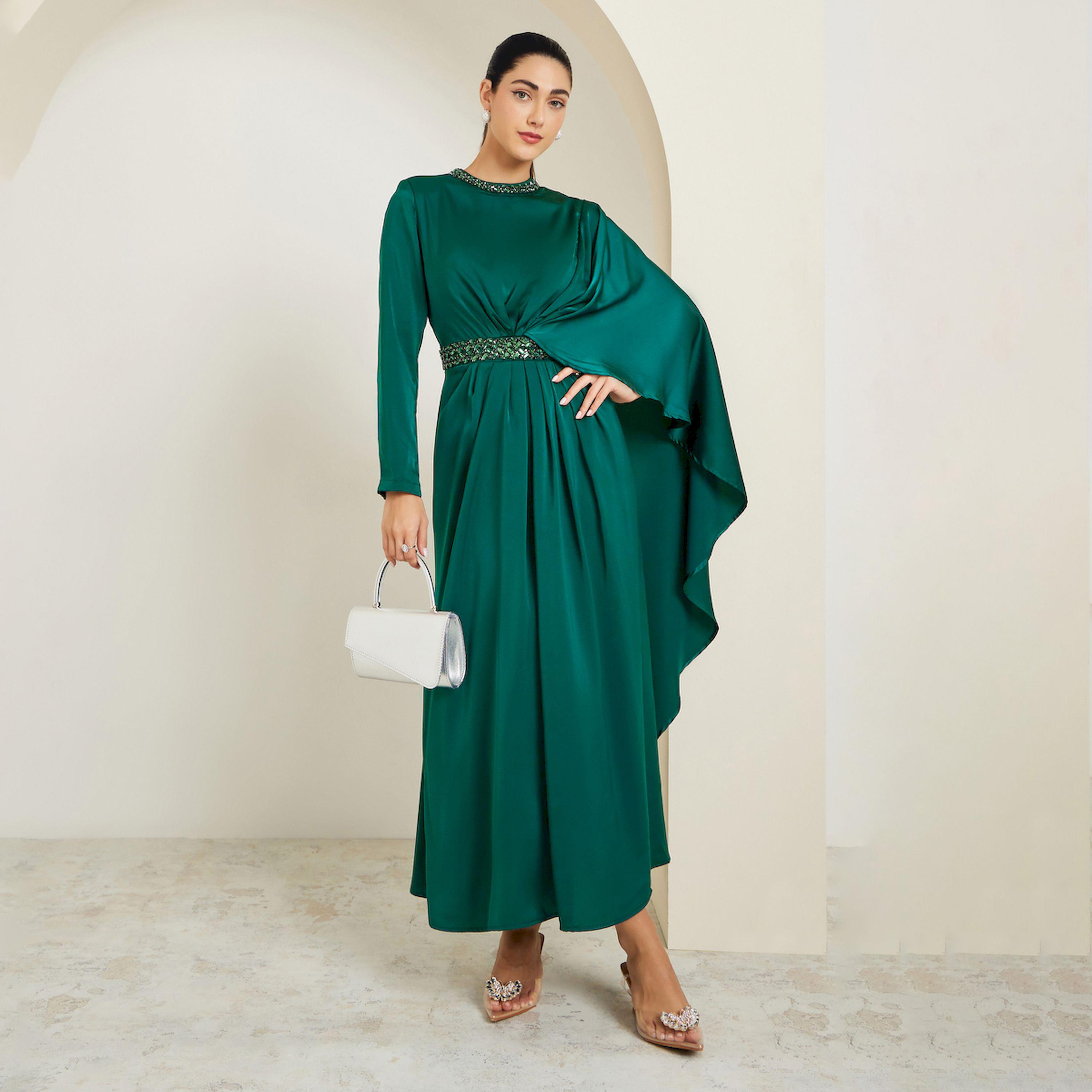 فستان طويل تيلي مزين بكشكشة وتفاصيل كاب-women-clothing-dresses-image-1