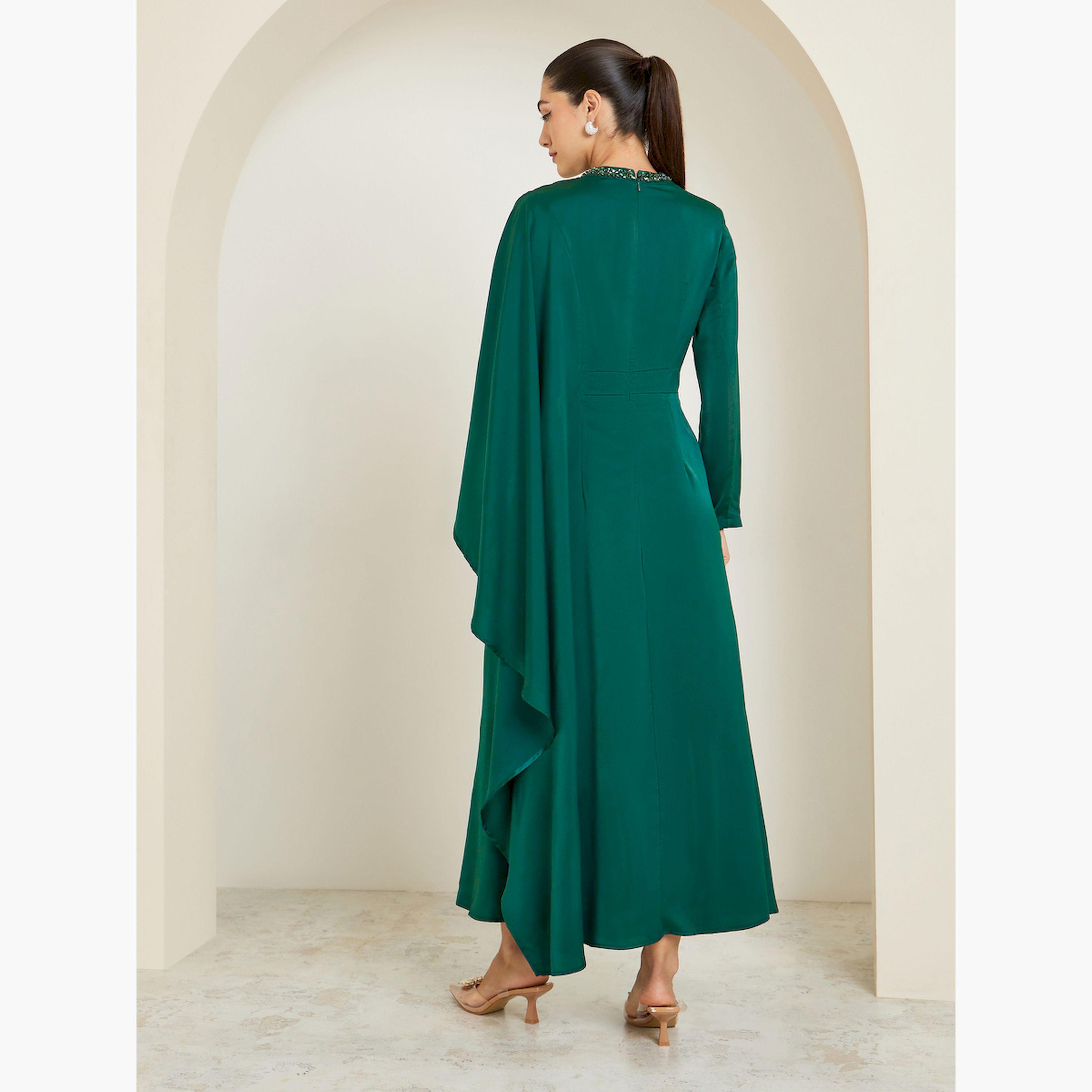 فستان طويل تيلي مزين بكشكشة وتفاصيل كاب-women-clothing-dresses-image-4