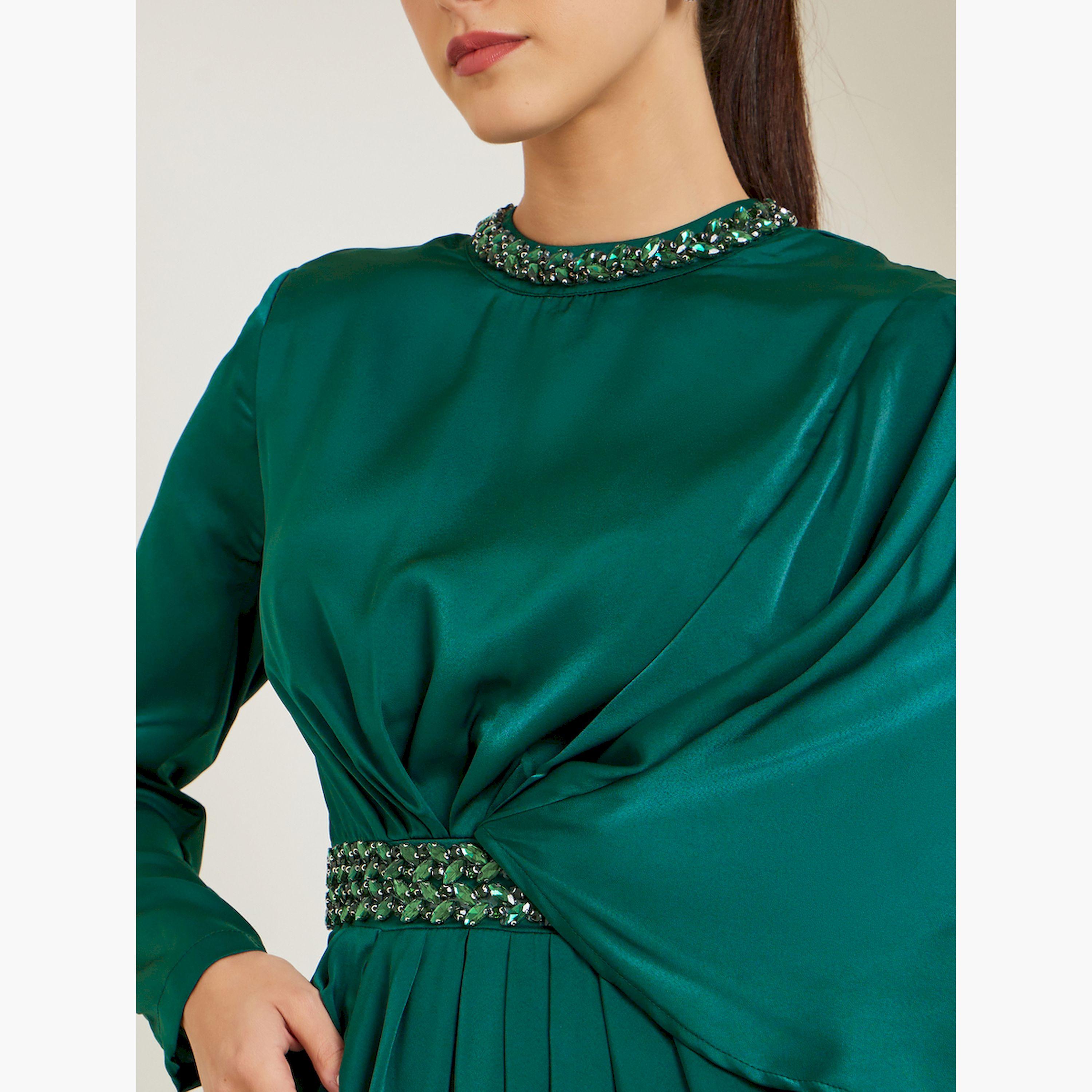 فستان طويل تيلي مزين بكشكشة وتفاصيل كاب-women-clothing-dresses-image-5