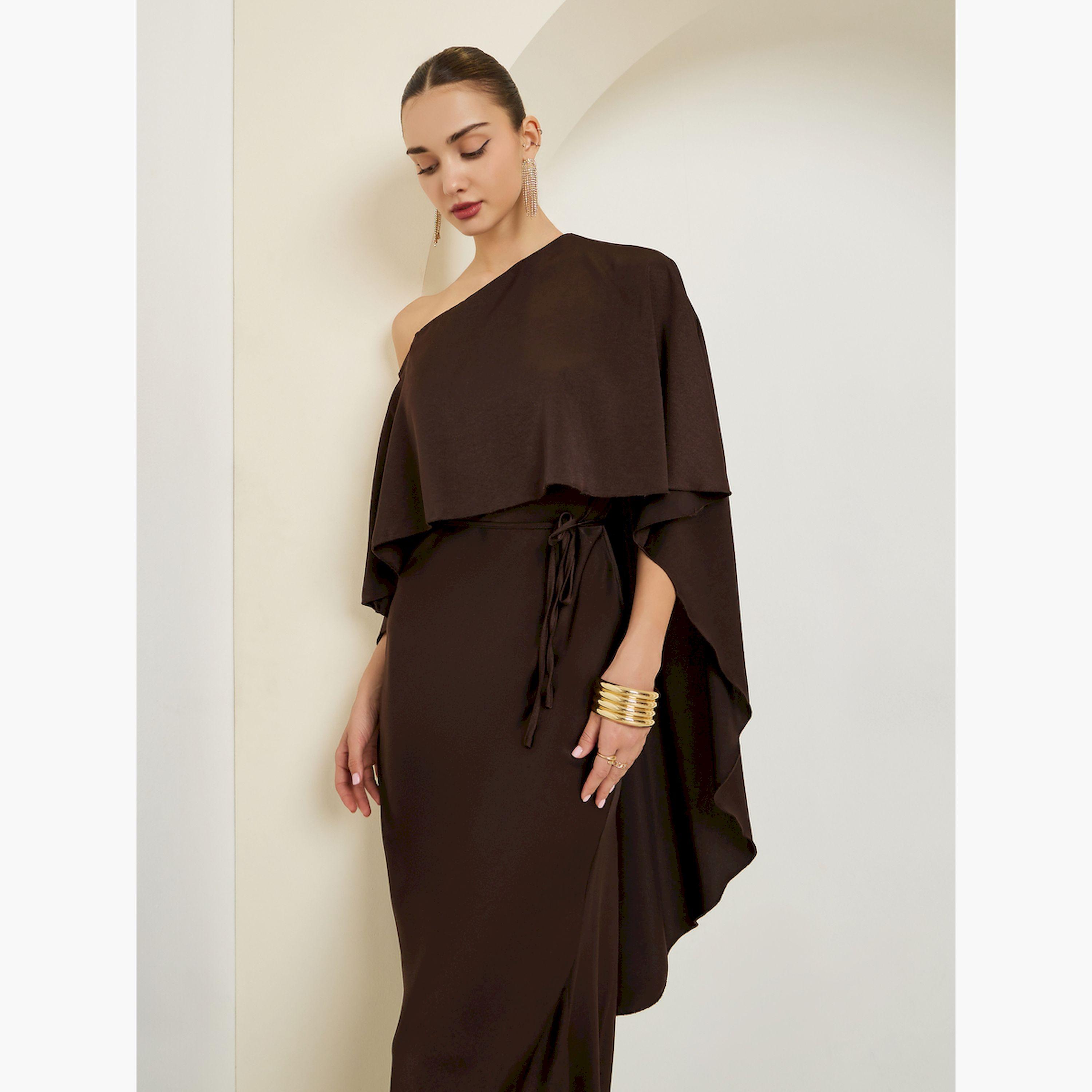 Styli Brown One Shoulder Cape Detail Midi Dress-women-clothing-dresses-image-2