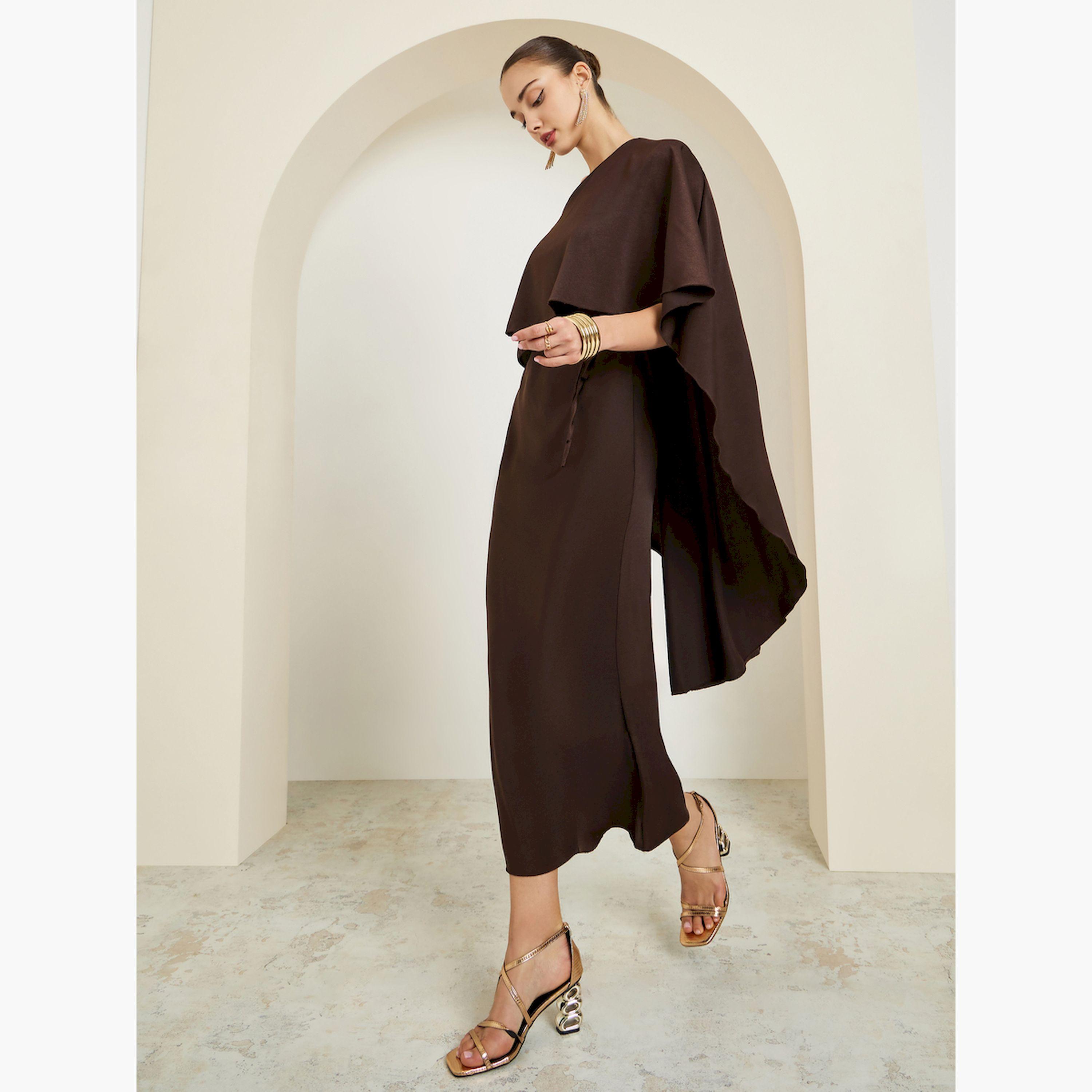 فستان ميدي بكتف واحد وتفاصيل كيب-women-clothing-dresses-image-3