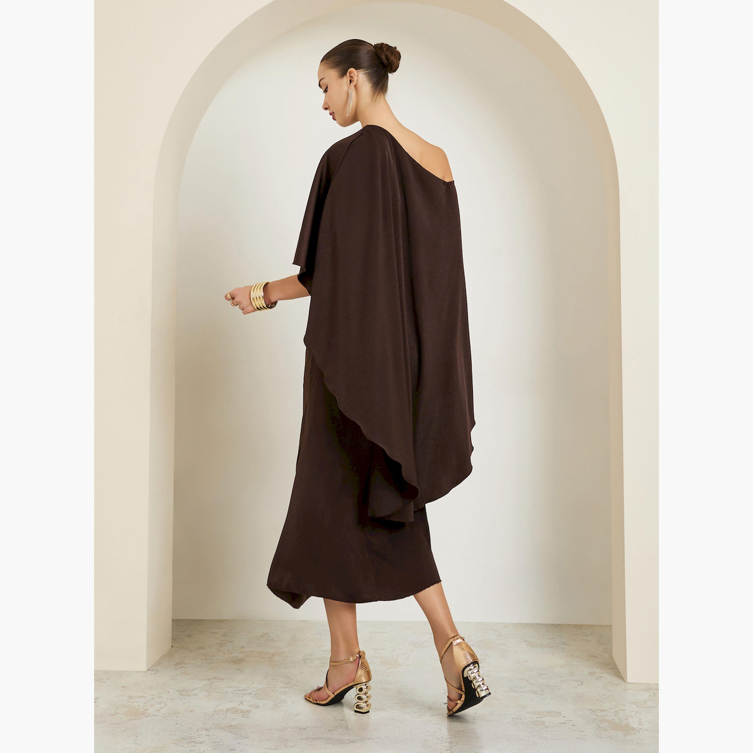 Styli Brown One Shoulder Cape Detail Midi Dress-women-clothing-dresses-image-4