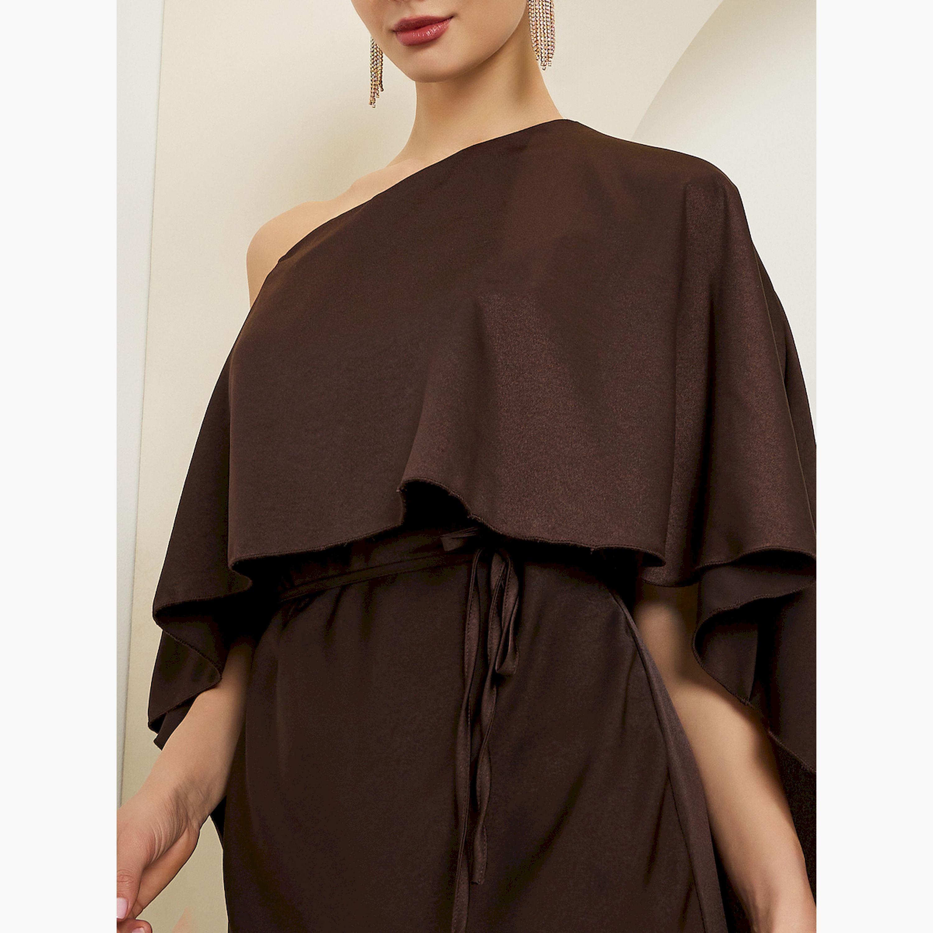 Styli Brown One Shoulder Cape Detail Midi Dress-women-clothing-dresses-image-5