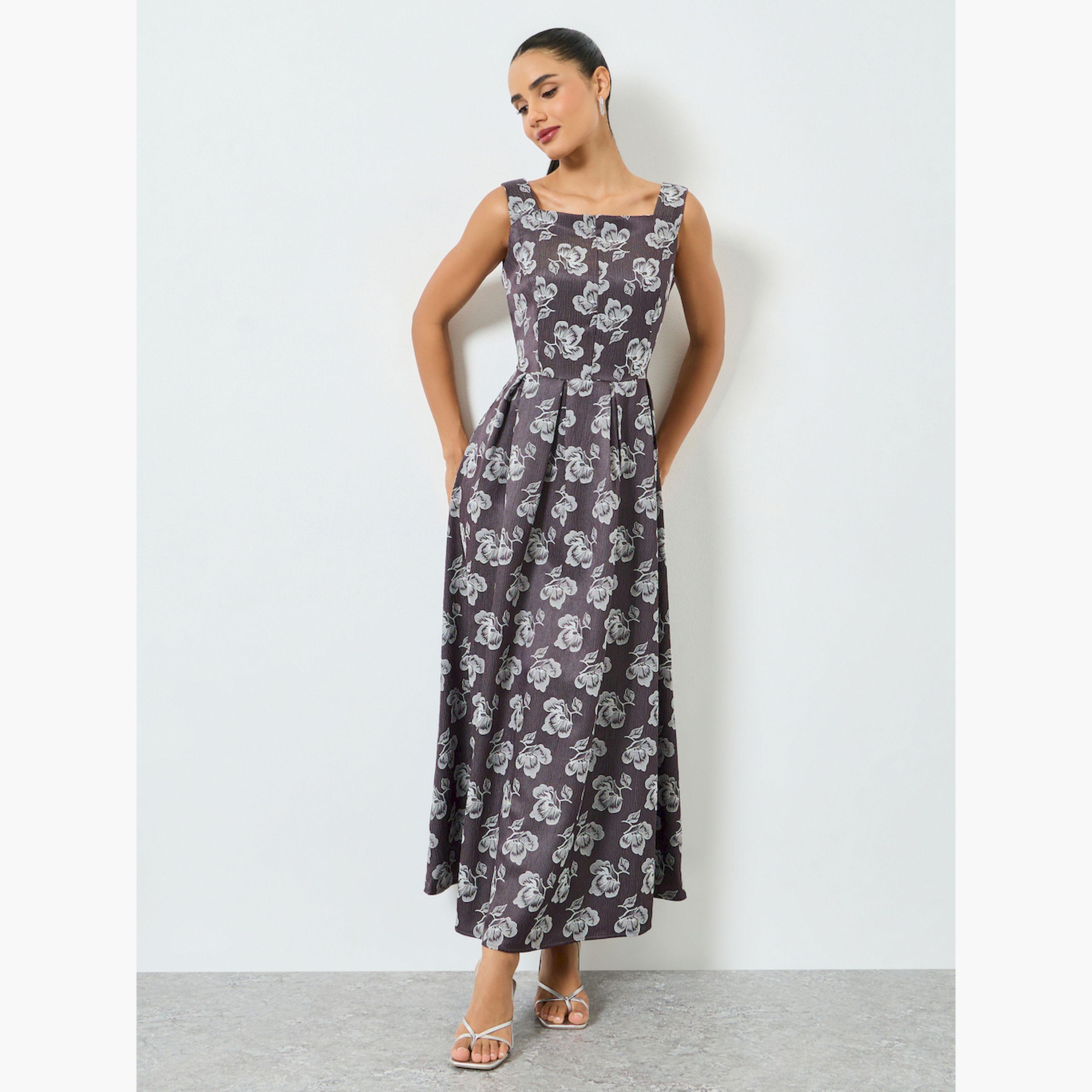 فستان طويل بلا أكمام مزين بزهور جاكار-women-clothing-dresses-image-3