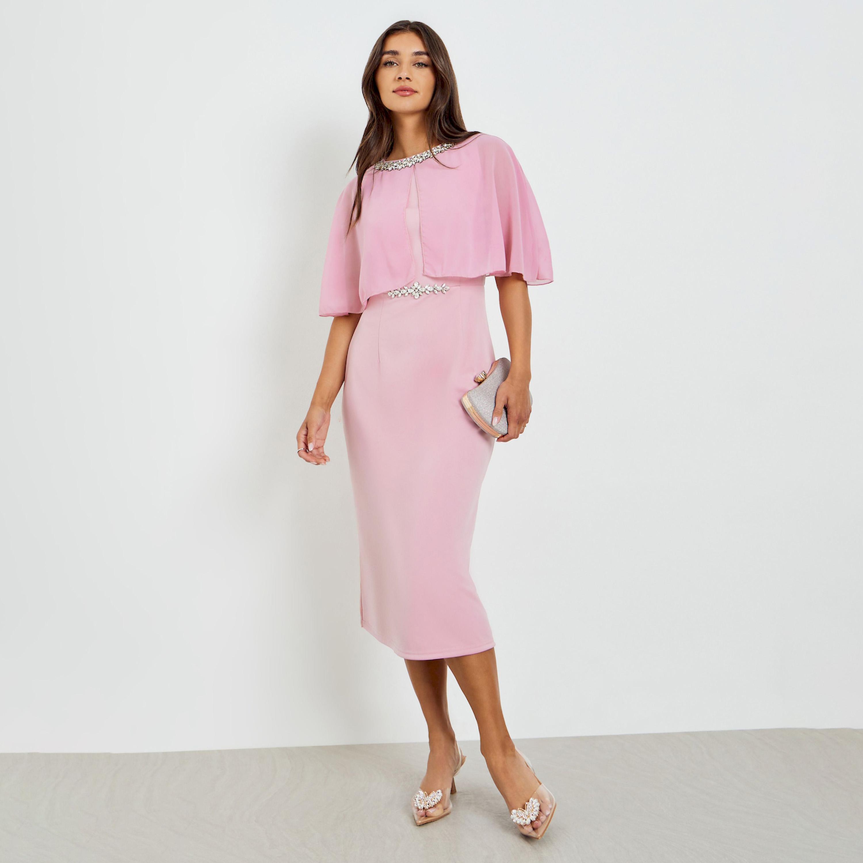 Styli Women Embellished Cape Sleeve Sheath Midi Dress-women-clothing-dresses-image-1