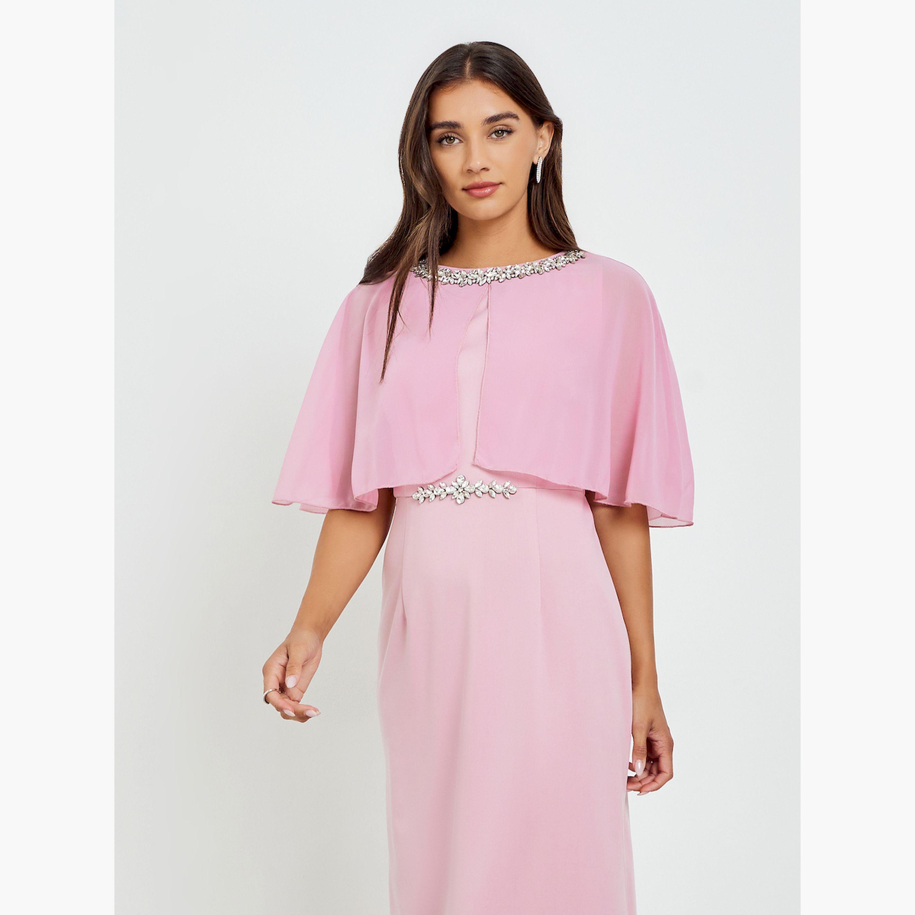 Styli Women Embellished Cape Sleeve Sheath Midi Dress-women-clothing-dresses-image-2